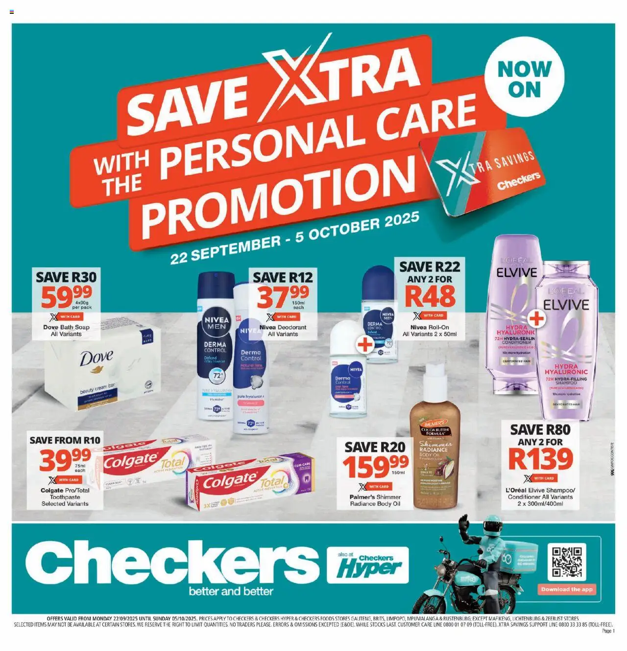 New Checkers catalogue – valid from 22.09.2025 | Page: 1 | Products: Bath, Oil, Cream, Toothpaste