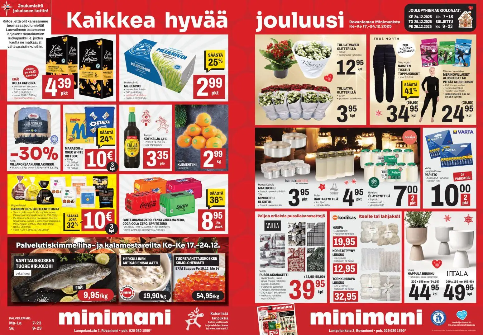 Minimani Tarjoukset - Rovaniemi – voimassa 17.12.2025 alkaen | Sivu: 1 | Tuotteet: Pussilakanasetti, Oreo, Klementiini, Alushousut
