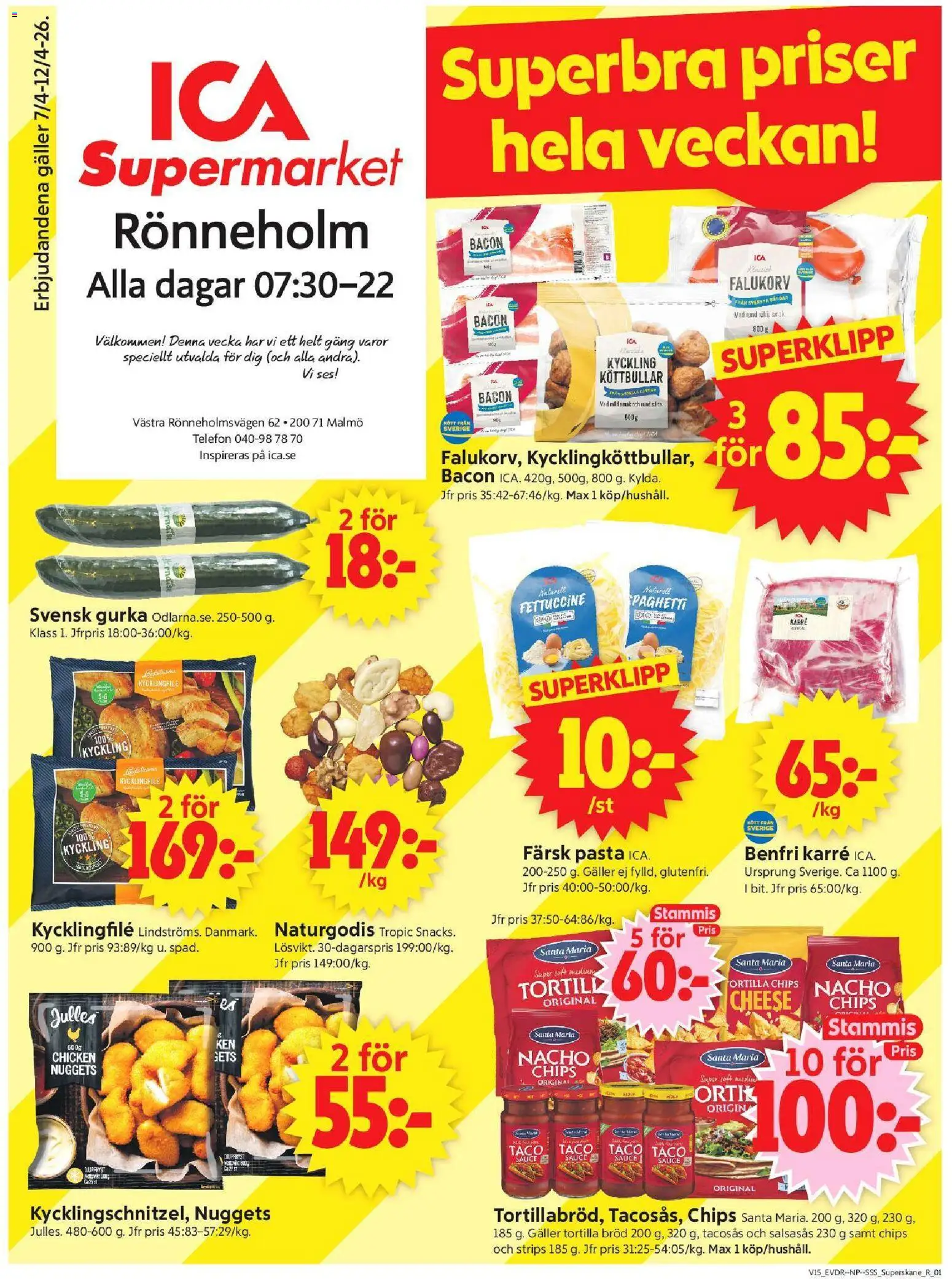 ICA Supermarket reklamblad aktuell från 06.04.2026 | Sida: 1 | Produkter: Köttbullar, Tortilla, Chips, Bröd
