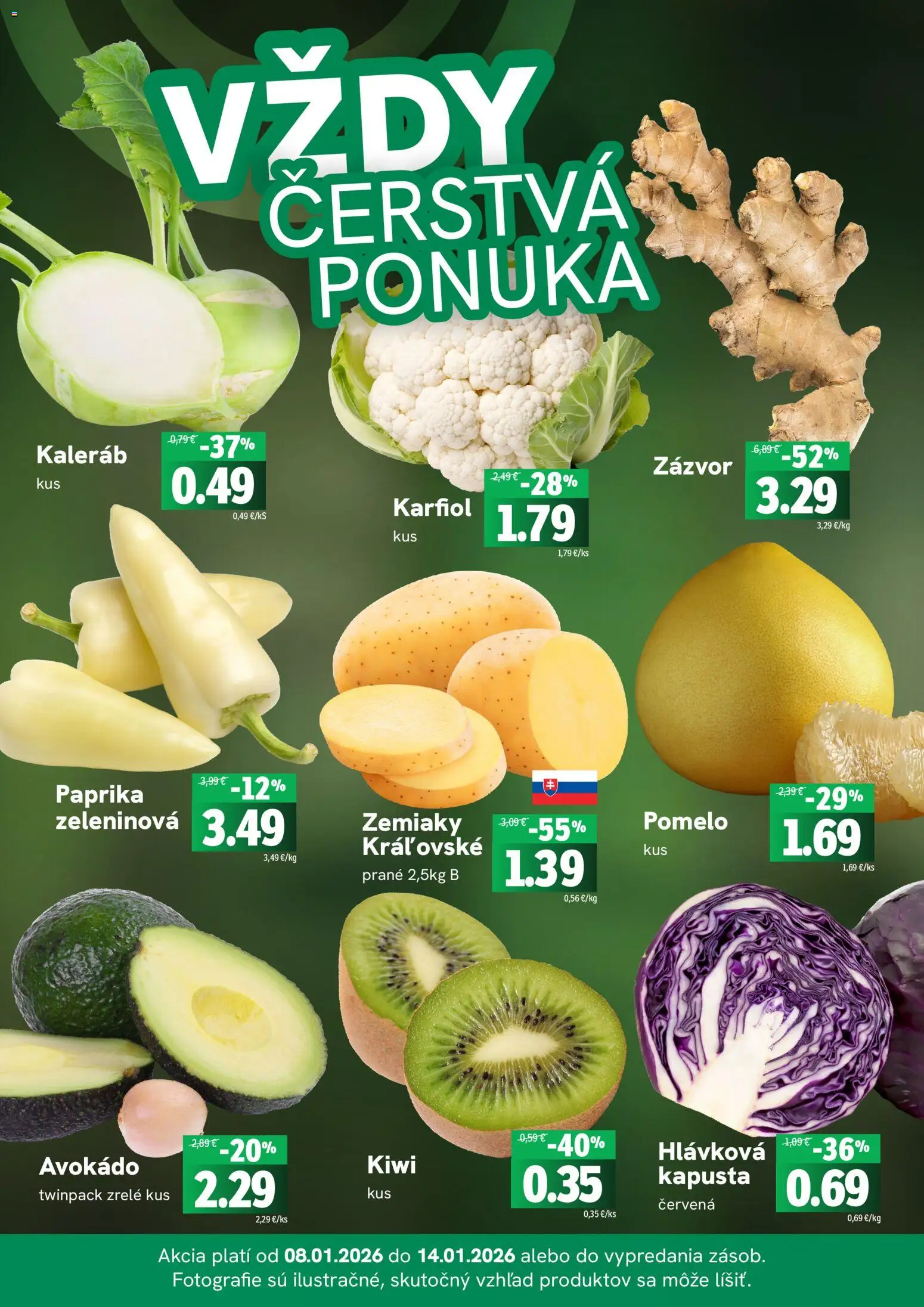 Nové Fresh akcie – leták je platný od 08.01.2026 | Strana: 3 | Produkty: Paprika, Kapusta, Karfiol, Kiwi