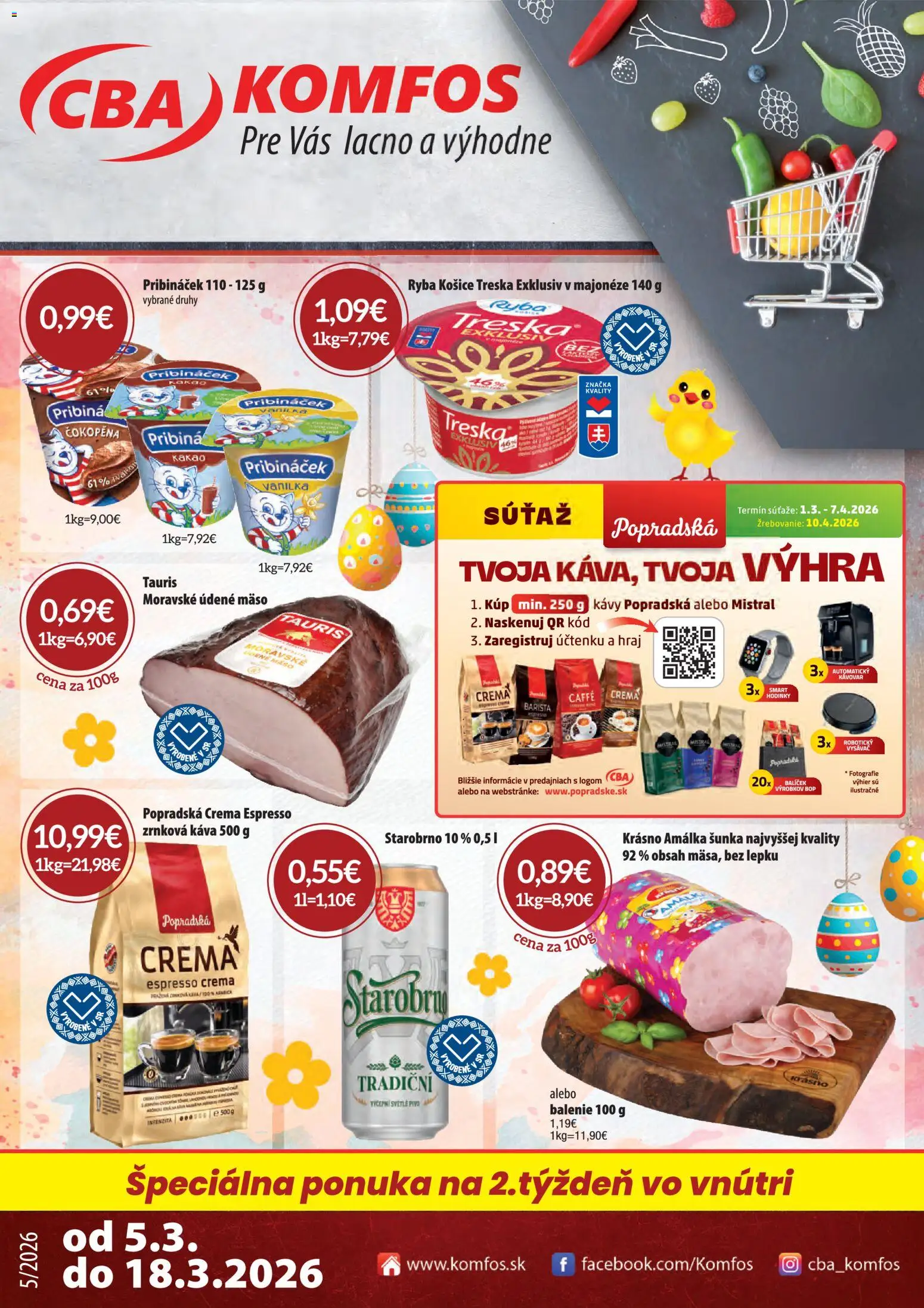 Nové CBA Komfos akcie – leták je platný od 05.03.2026 | Strana: 1 | Produkty: Smart hodinky, Hodinky, Kakao