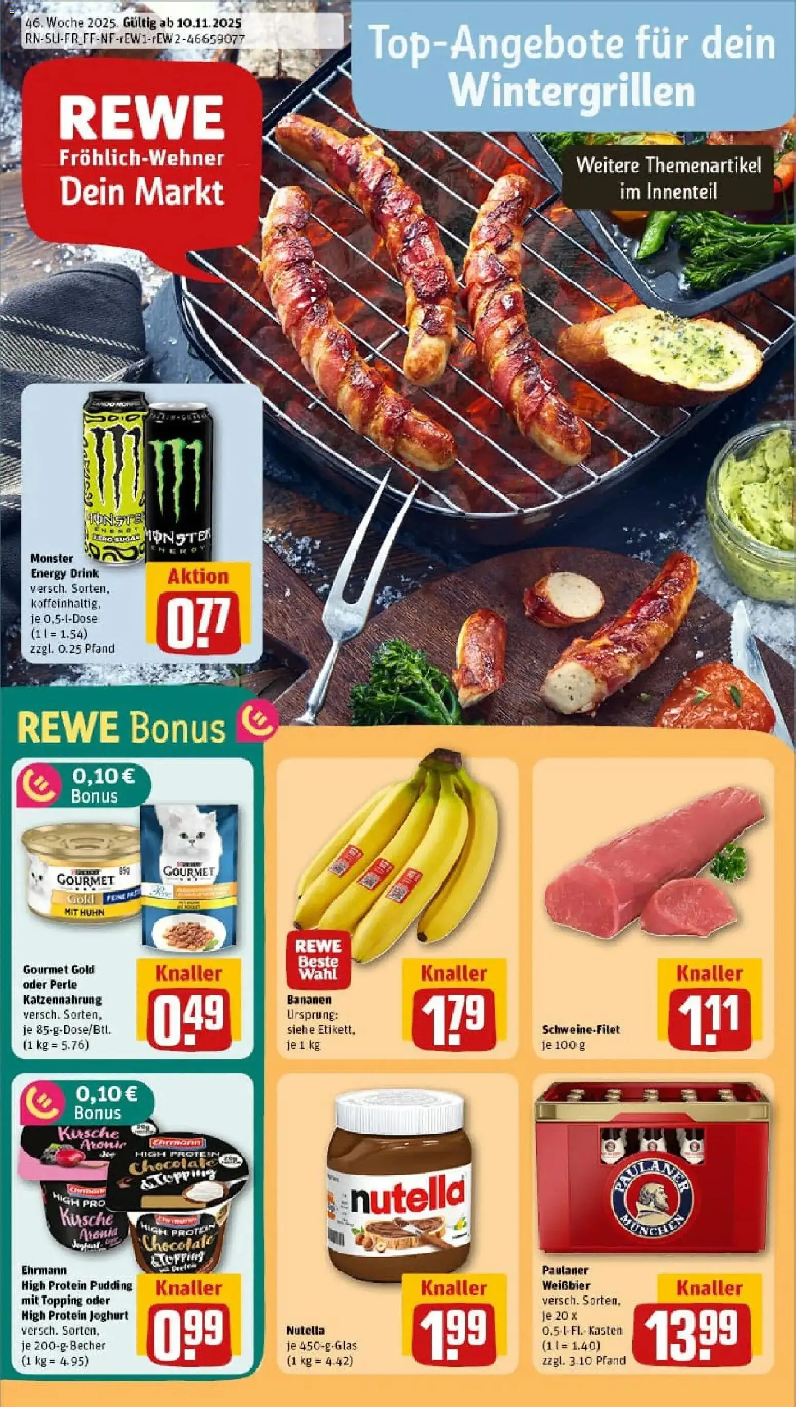 Rewe prospekt Massbach	 – gültig ab 10.11.2025 | Seite: 1 | Produkte: Bananen, Schweinefilet, Monster, Paulaner