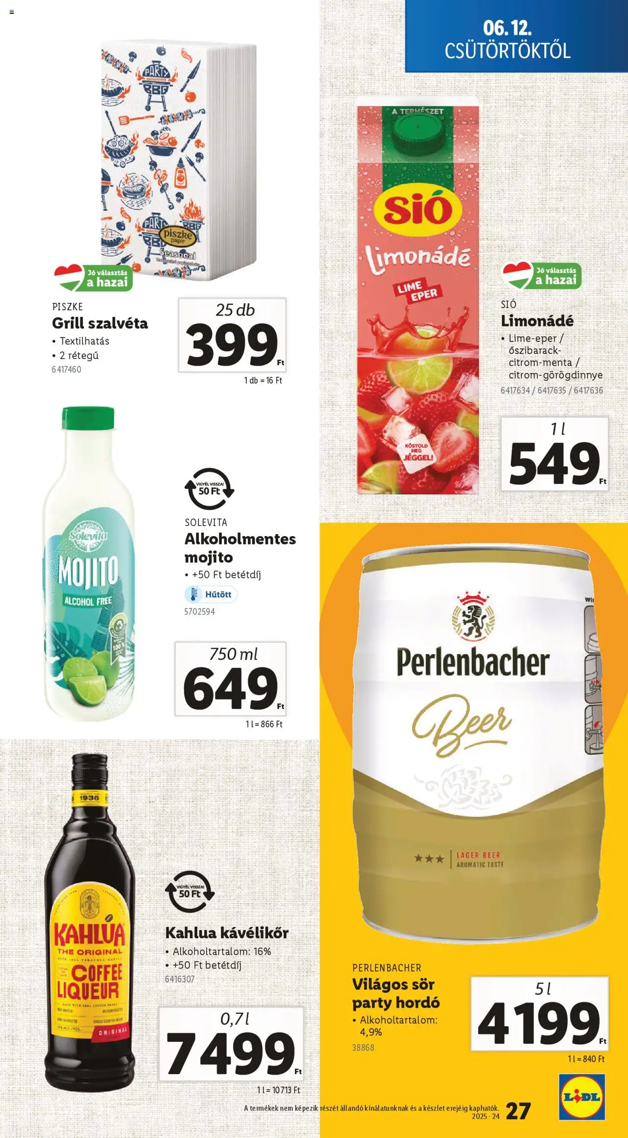 Lidl akciós ujság - amely érvényes a következő dátumtól: 12.06.2025 | Oldal: 27 | Termékek: Őszibarack, Limonádé, Sör, Eper