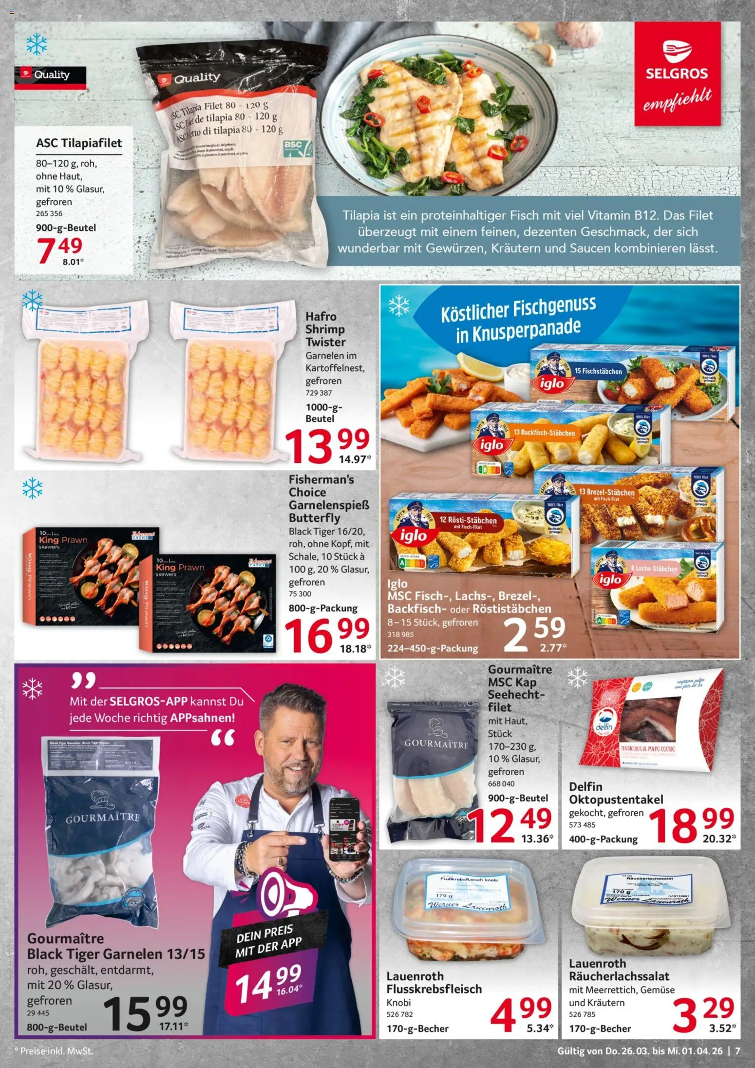 Selgros Prospekt 	 – gültig ab 26.03.2026 | Seite: 7 | Produkte: Iglo, Fischstabchen, Gemüse, Tiger garnelen