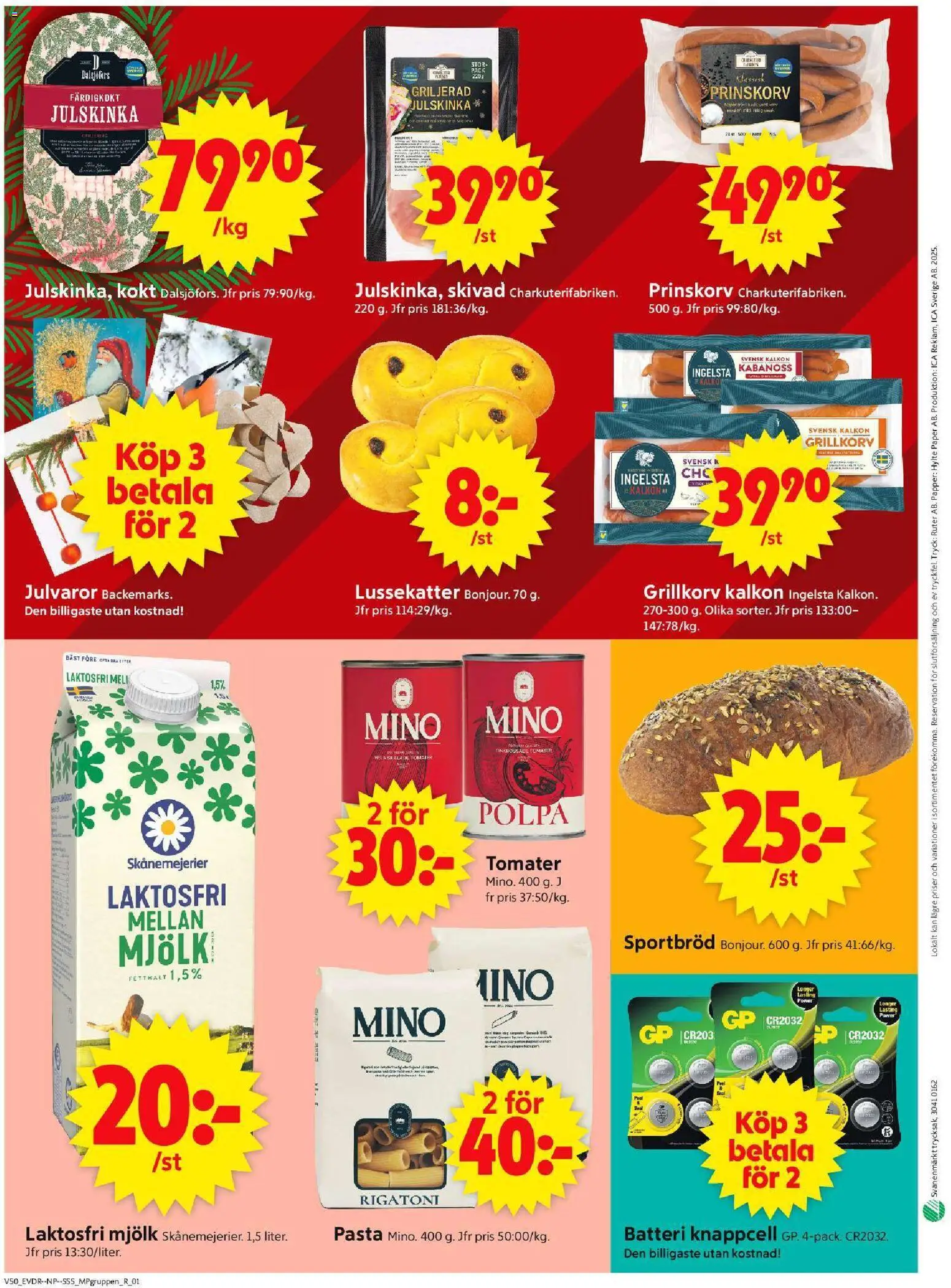 ICA Supermarket reklamblad aktuell från 08.12.2025 | Sida: 10 | Produkter: Batteri, Kalkon, Papper, Pasta