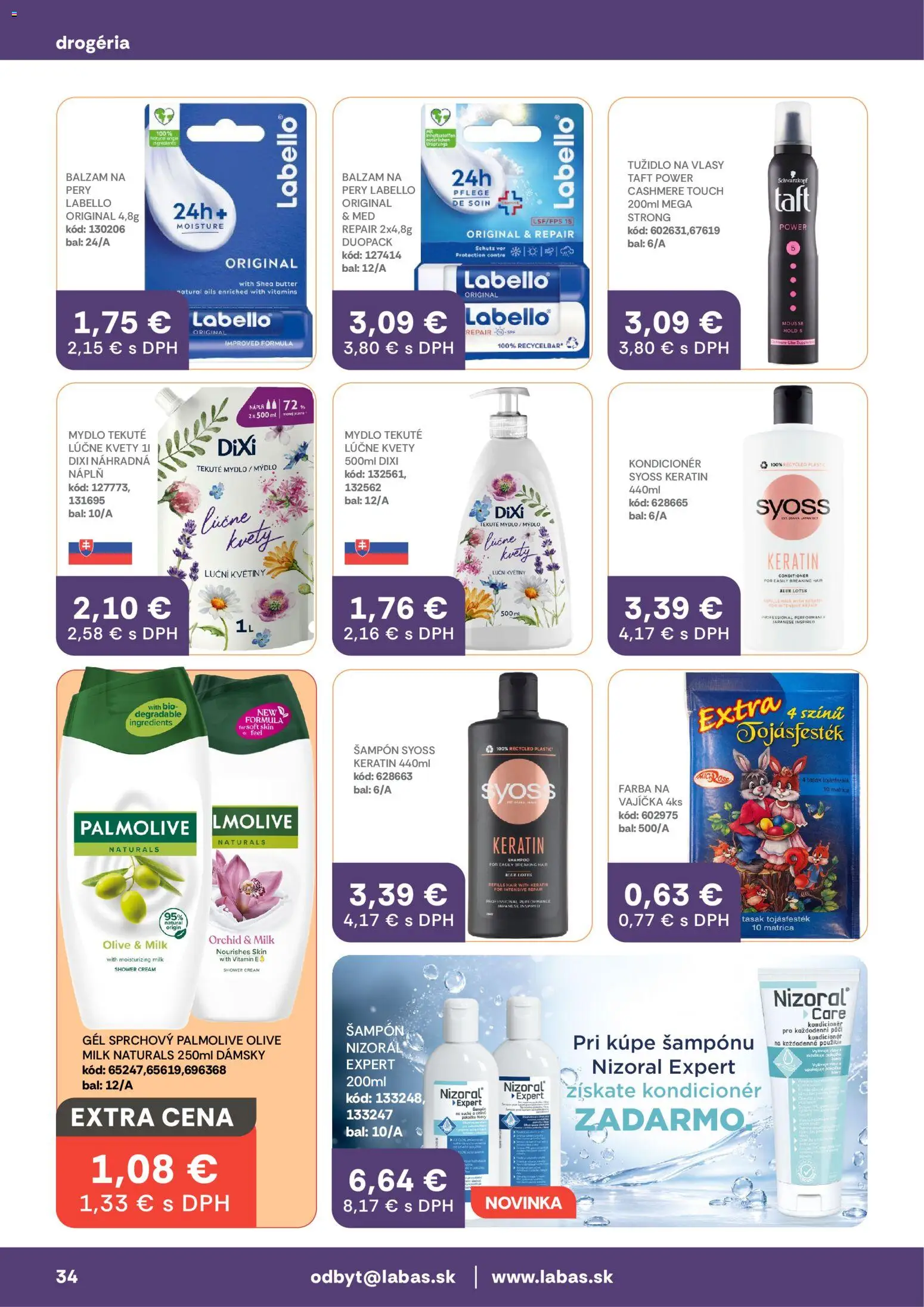 Nové Labaš akcie – leták je platný od 13.03.2026 | Strana: 34 | Produkty: Šampón, Mydlo, Kvety, Med