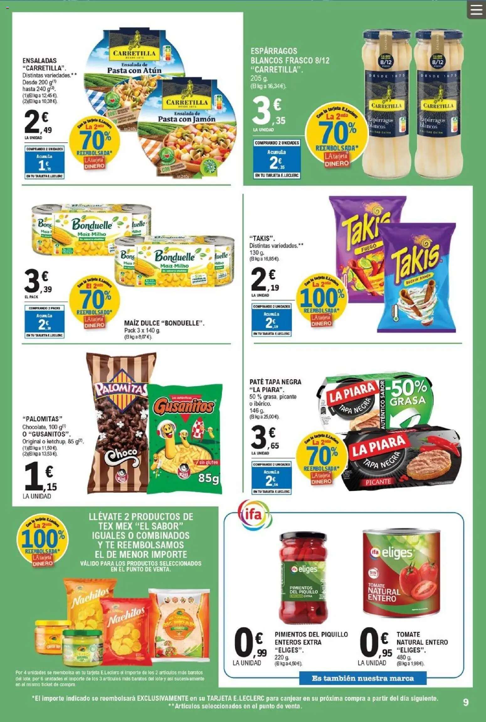 E.Leclerc folleto │ válido desde el 22.04.2026 | Página: 9 | Productos: Jamón, Νερό καρύδας, Té, Ensalada