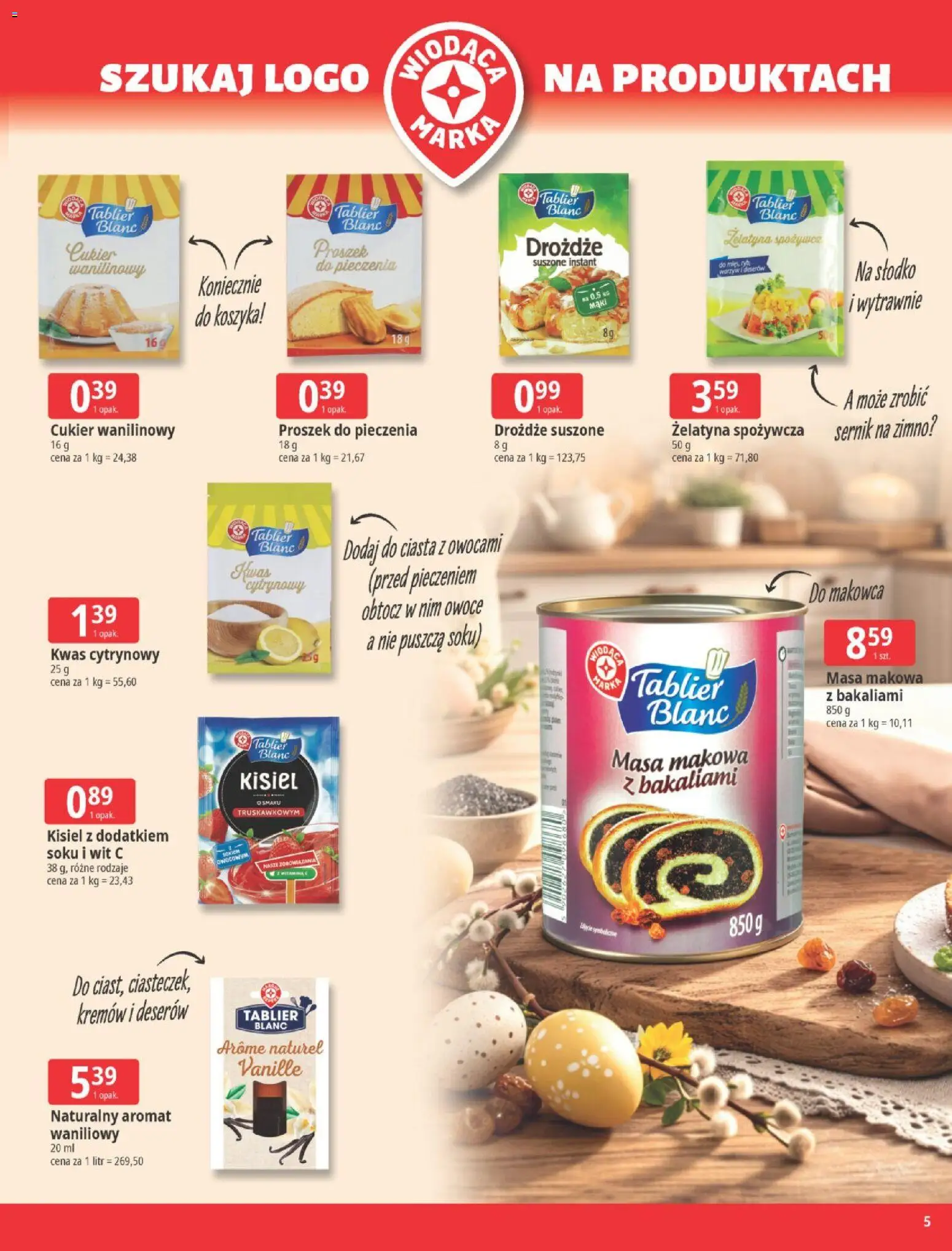 E.Leclerc gazetka - Wielkanoc od 24.03.2026 | Strona: 5 | Produkty: Żelatyna, Masa makowa, Cukier wanilinowy, Cukier