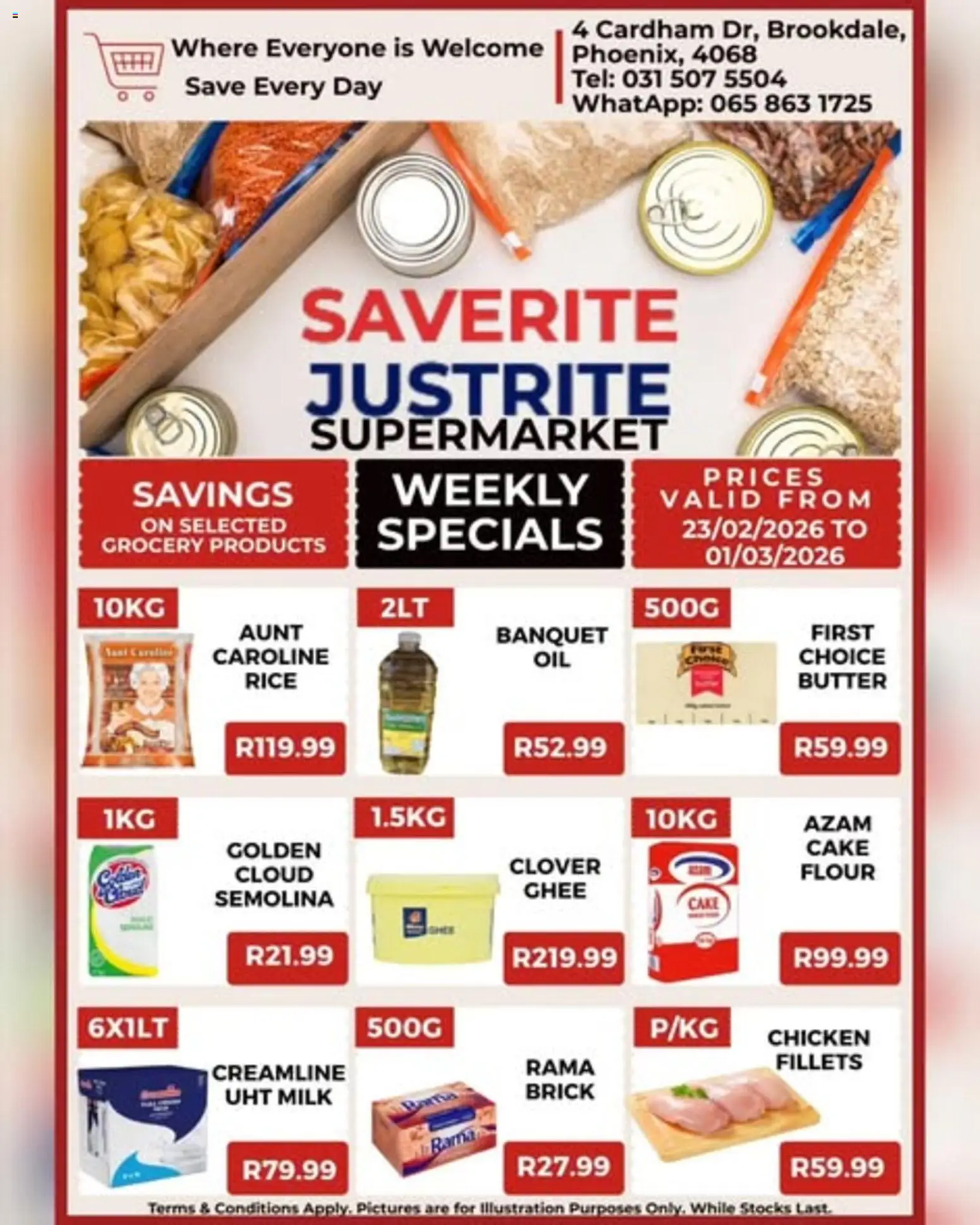 New Saverite catalogue – valid from 23.02.2026 | Page: 1 | Products: Cake, Milk, Butter, Rice