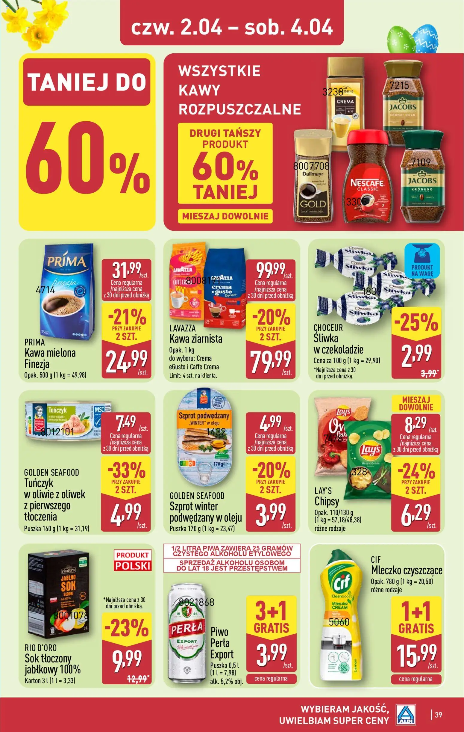 Aldi gazetka od 30.03.2026 | Strona: 39 | Produkty: Nescafe, Tuńczyk, Sok, Piwo
