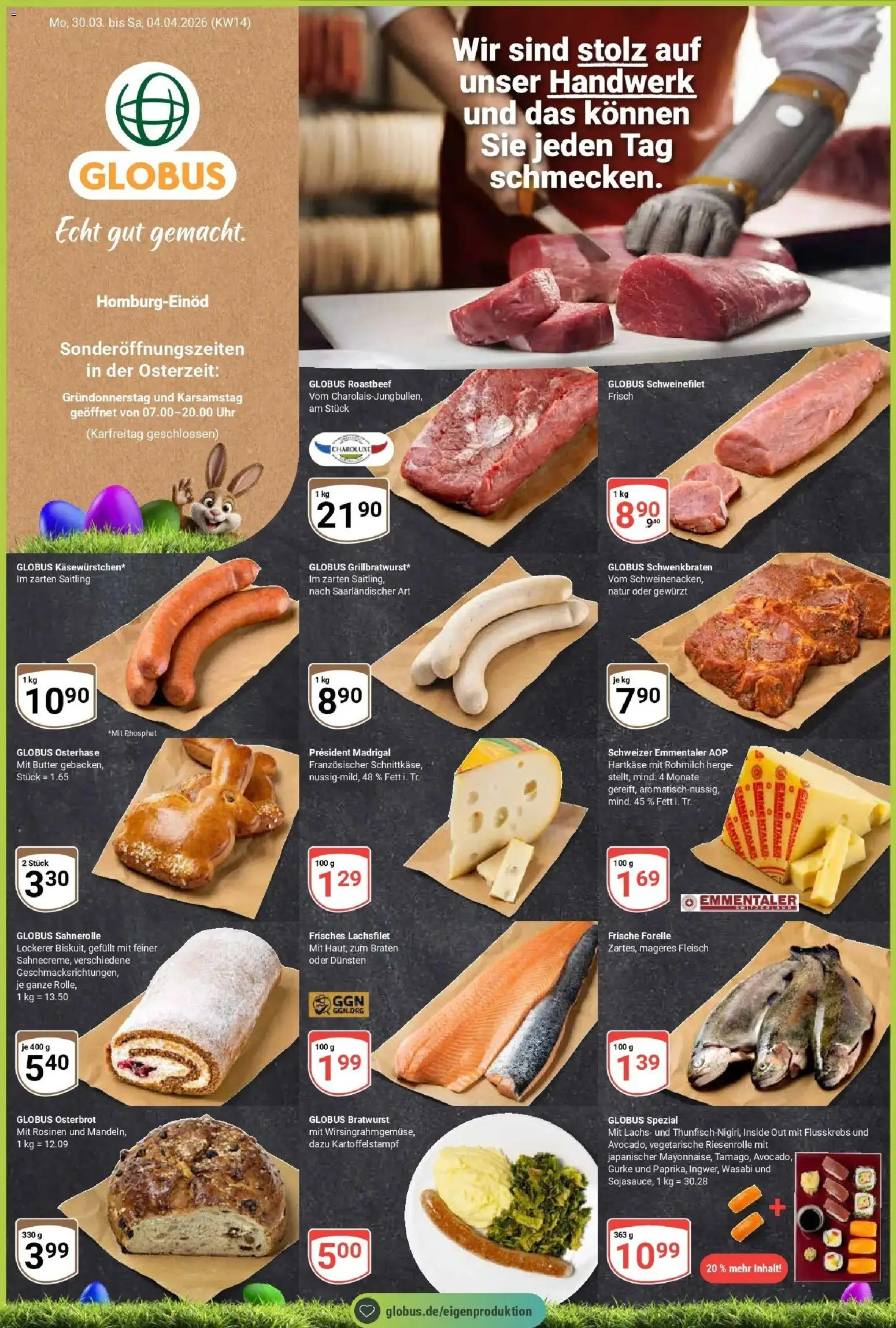 Globus prospekt Homburg-Einöd	 – gültig ab 30.03.2026 | Seite: 1 | Produkte: Butter, Bratwurst, Schweinefilet, Lachs