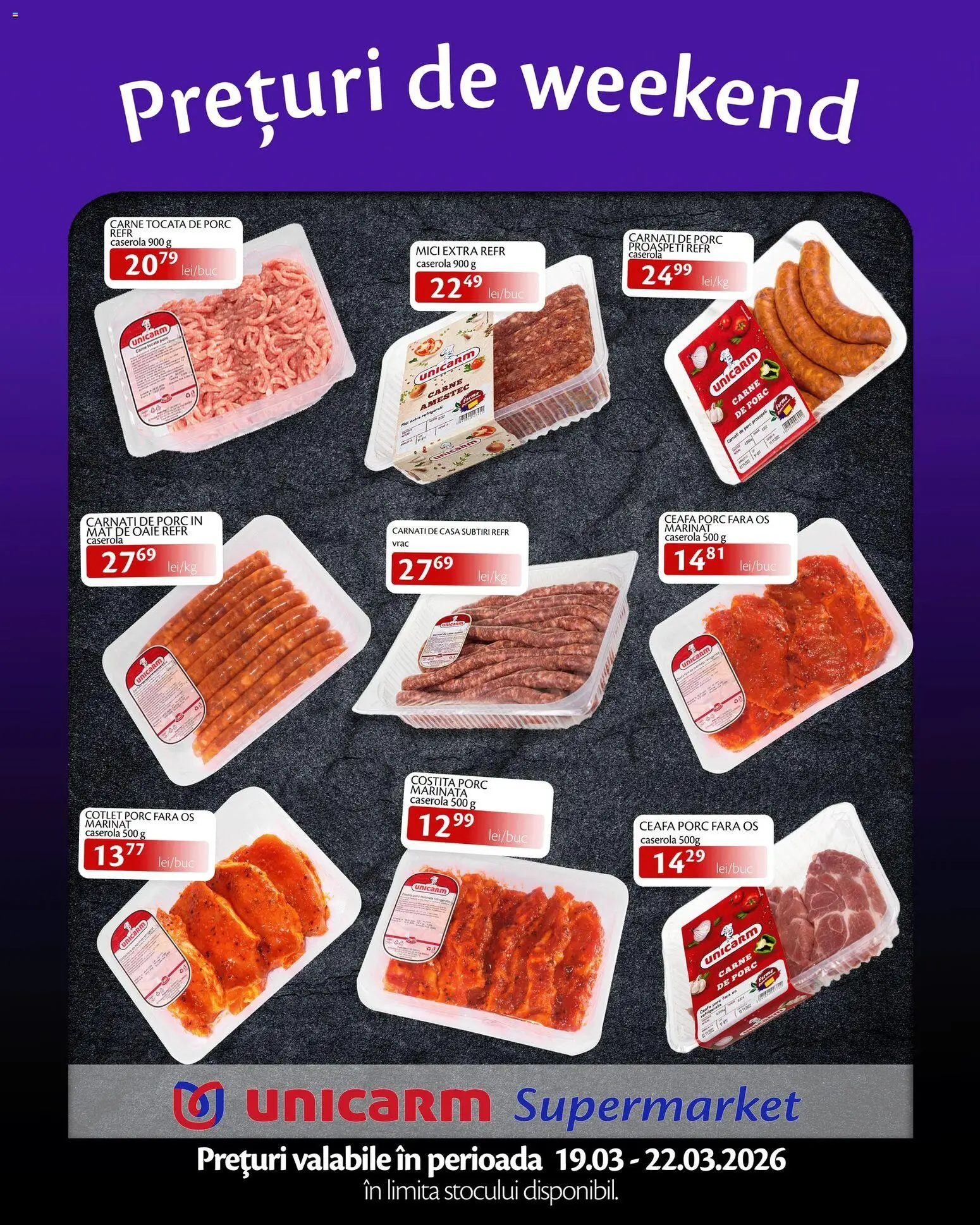 Noul catalog Unicarm – valabil de la 19.03.2026 | Pagină: 2 | Produse: Cotlet porc, Mici, Carne De Porc, Carne tocată