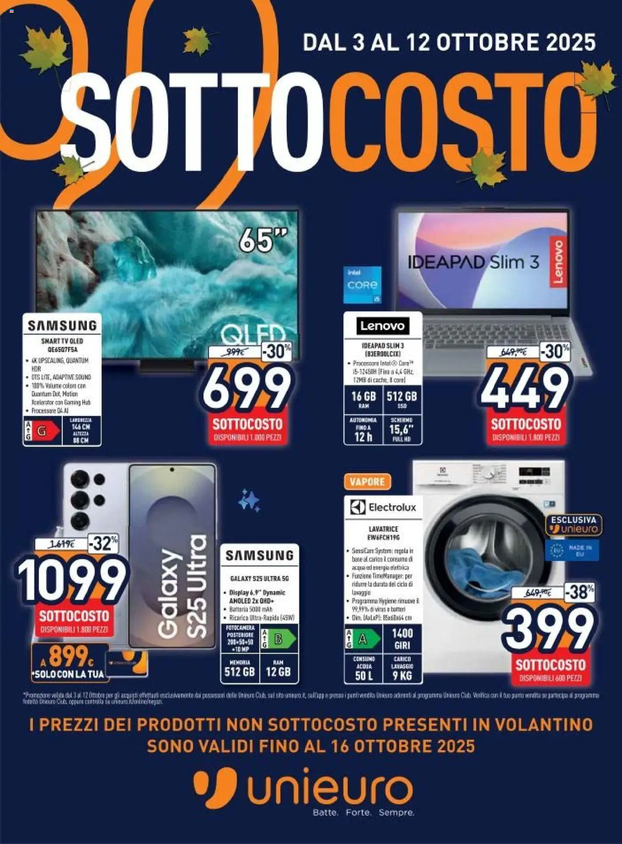 Volantino Unieuro del 03.10.2025 | Pagina: 1 | Prodotti: Schermo, Acqua, Lavatrice, Fotocamera