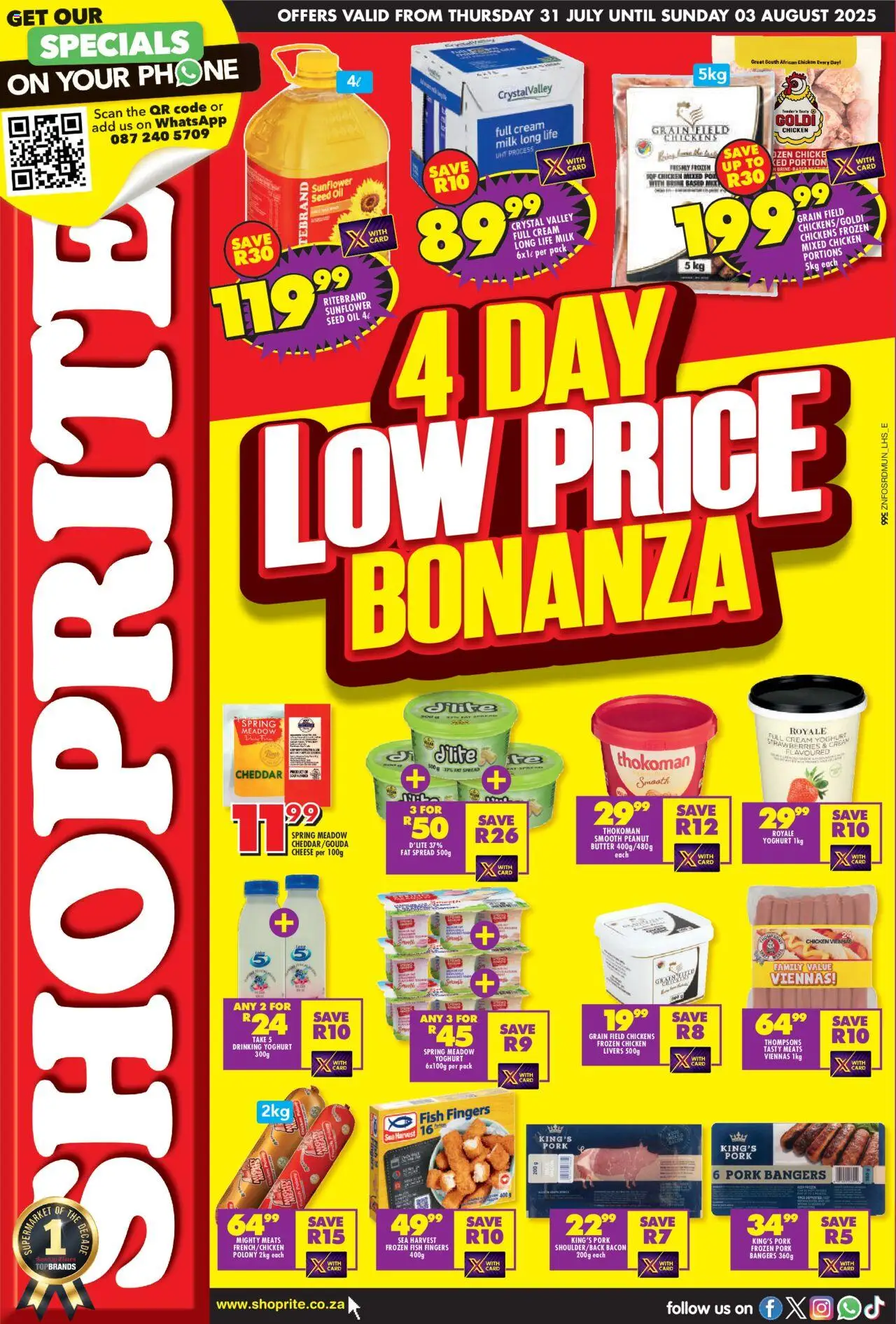 Shoprite KwaZulu-Natal - Low Price Bonanza │ valid from 31.07.2025 | Page: 1 | Products: Phone, Yoghurt, Pork, Bacon