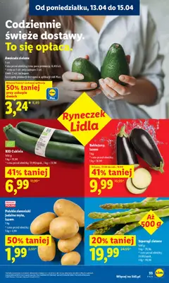 Pogląd oferty "BIO Cukinia, 500 g, 1 kg = 13,98, * cena przed obniżką: 11,99/opak., 1 kg = 23,98" - ważna od 13.04.2026 | Strona: 33 | Produkty: Cukinia, Szparagi, Awokado, Ziemniaki
