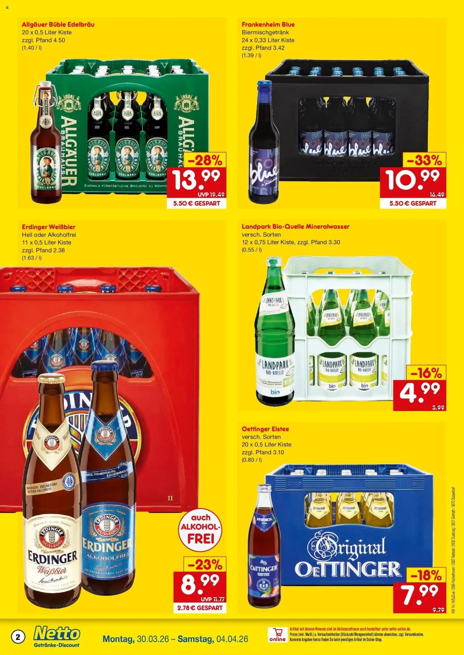 Netto Marken-Discount Prospekt Hückelhoven-Baal	 – gültig ab 30.03.2026 | Seite: 2 | Produkte: Erdinger, Weißbier, Mineralwasser, Pfirsich