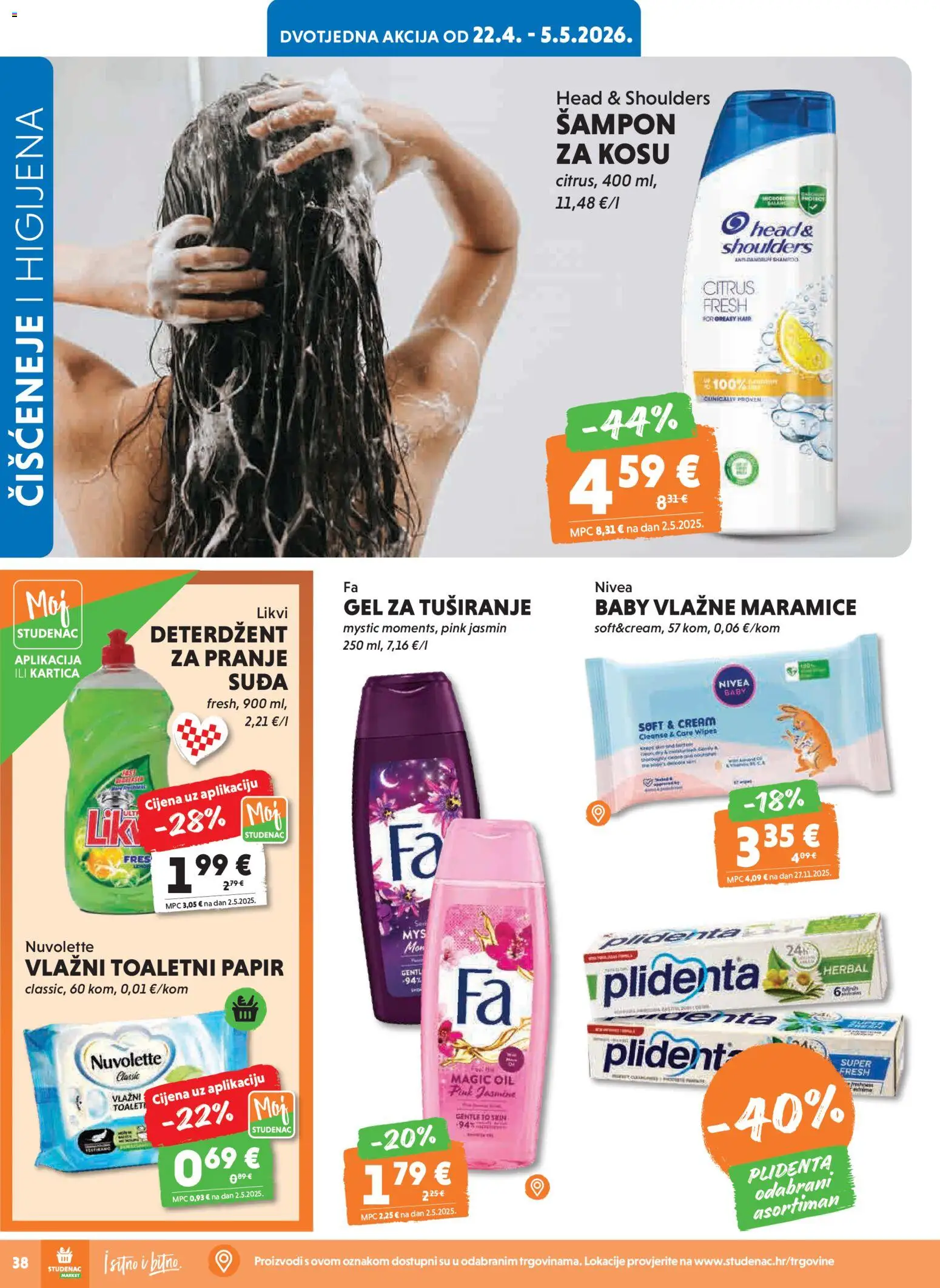 Studenac katalog | vrijedi od 29.04.2026 | Stranica: 38 | Proizvodi: Šampon, Gel za tuširanje, Deterdžent, Toaletni papir