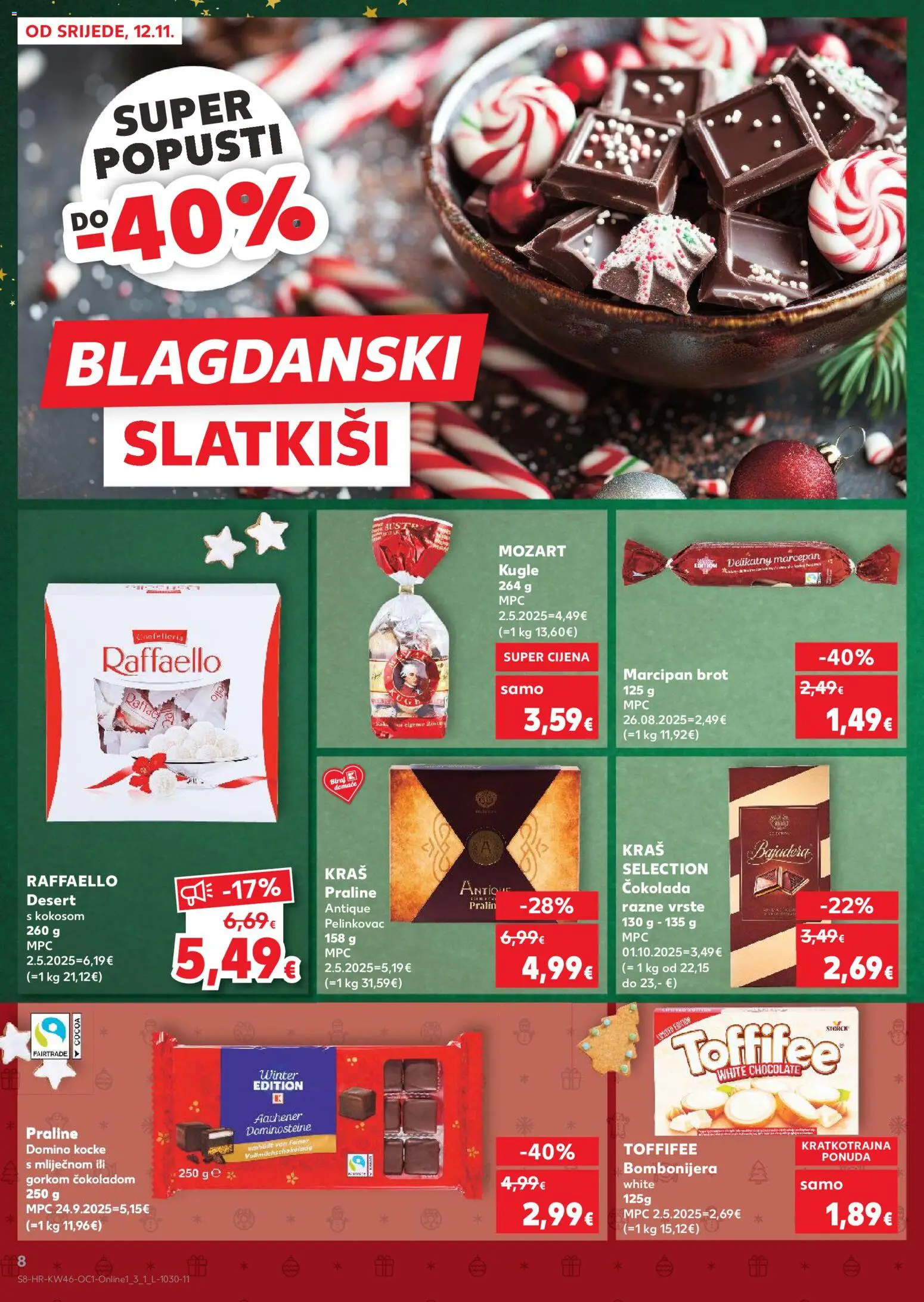 Kaufland HR akciós ujság - amely érvényes a következő dátumtól: 12.11.2025 | Oldal: 8 | Termékek: Raffaello, Marcipan, Praliné, Toffifee