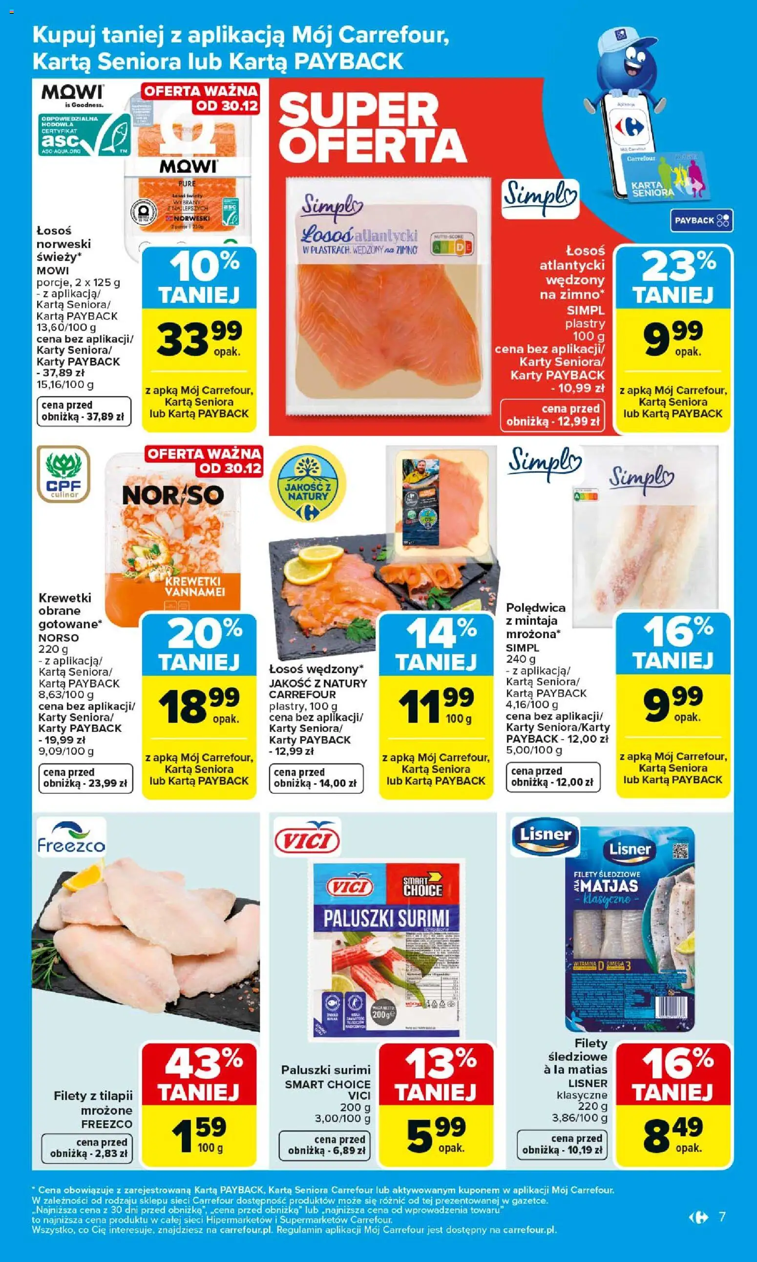 Carrefour Gazetka od 29.12.2025 | Strona: 7 | Produkty: Karta, Łosoś atlantycki, Waga, Krewetki vannamei
