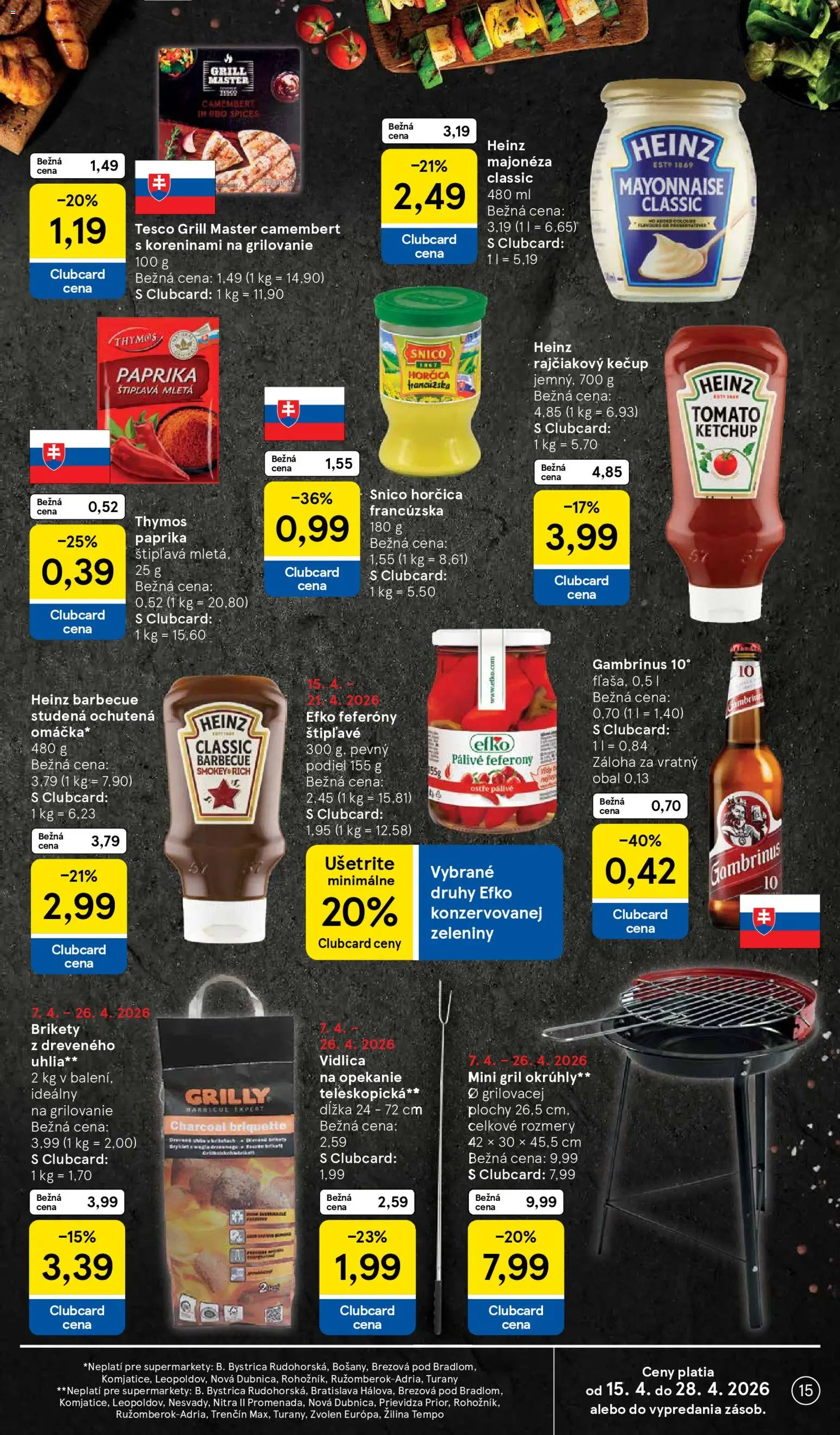 Nové Tesco akcie – leták je platný od 15.04.2026 | Strana: 15 | Produkty: Gril, Kečup, Gambrinus