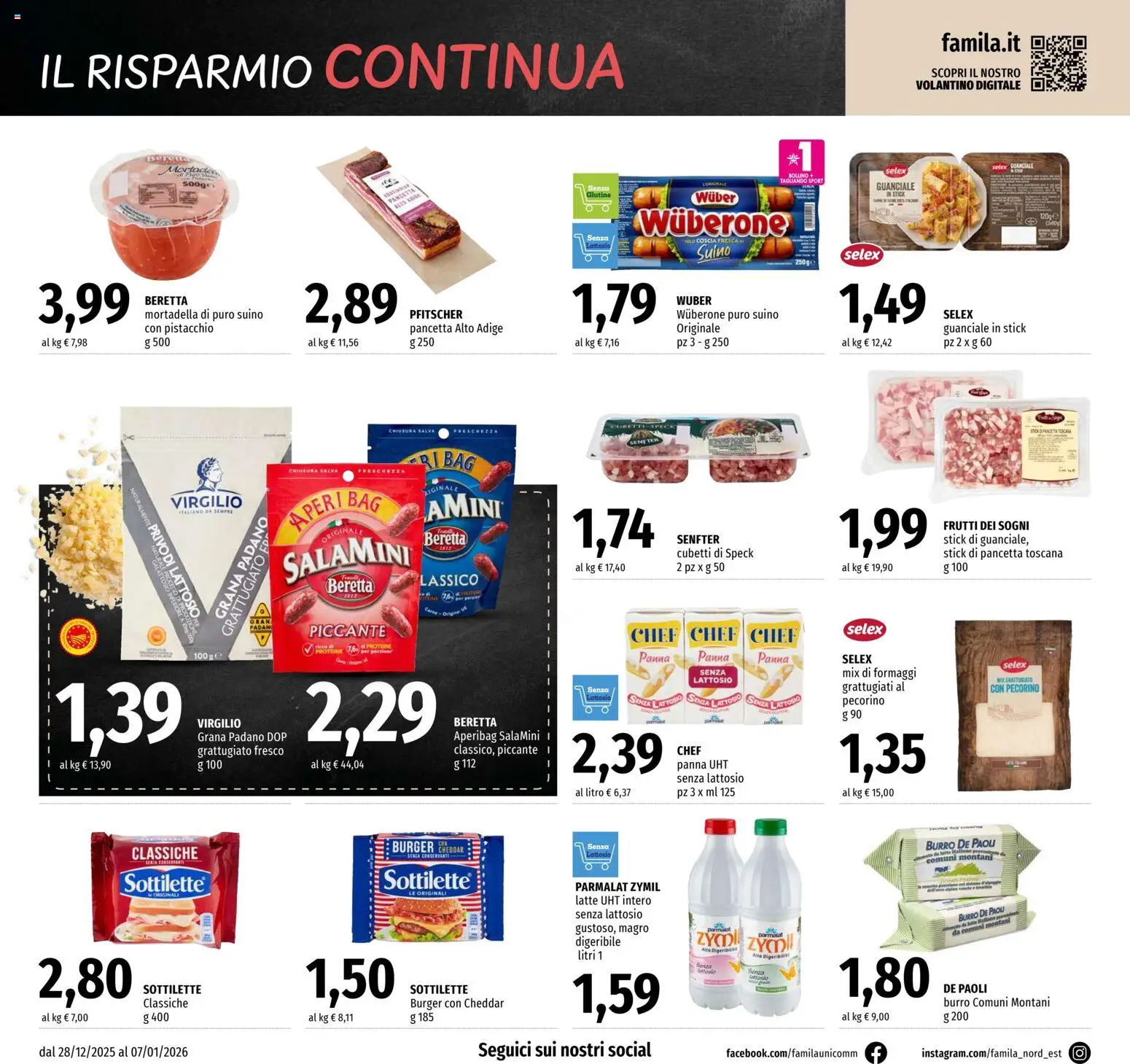 Volantino Famila del 28.12.2025 | Pagina: 8 | Prodotti: Speck, Latte, Mortadella, Pecorino