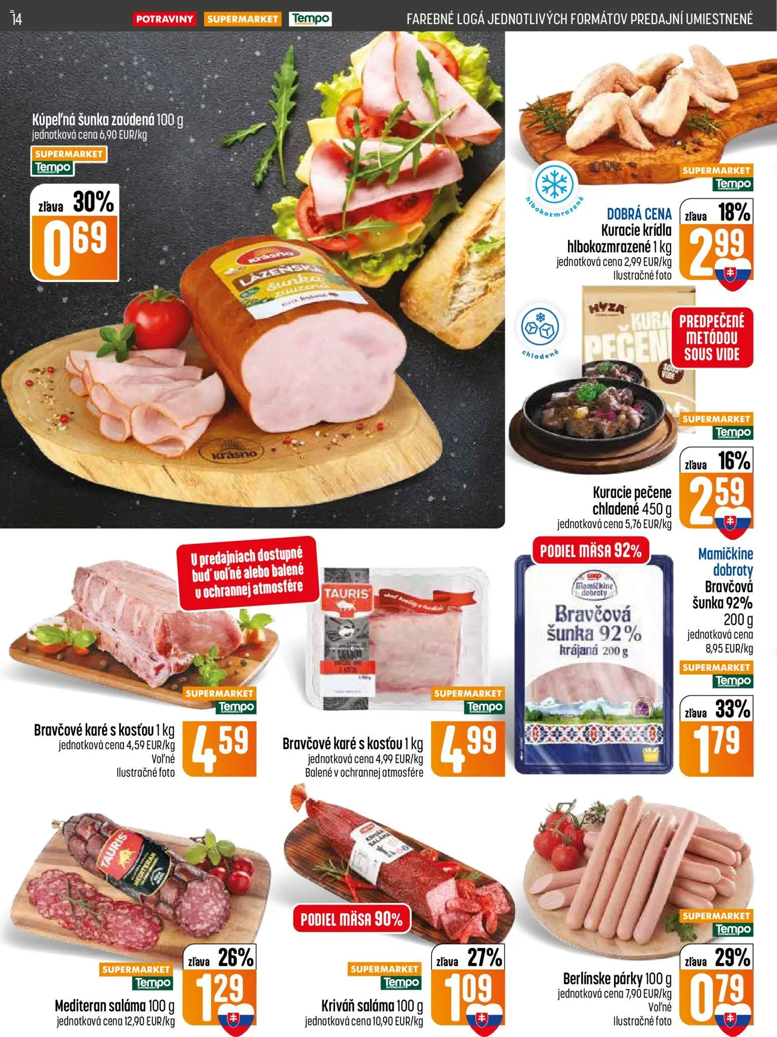 Nové COOP Jednota akcie – leták je platný od 09.04.2026 | Strana: 14 | Produkty: Saláma, Párky, Kuracie krídla, Bravčové karé