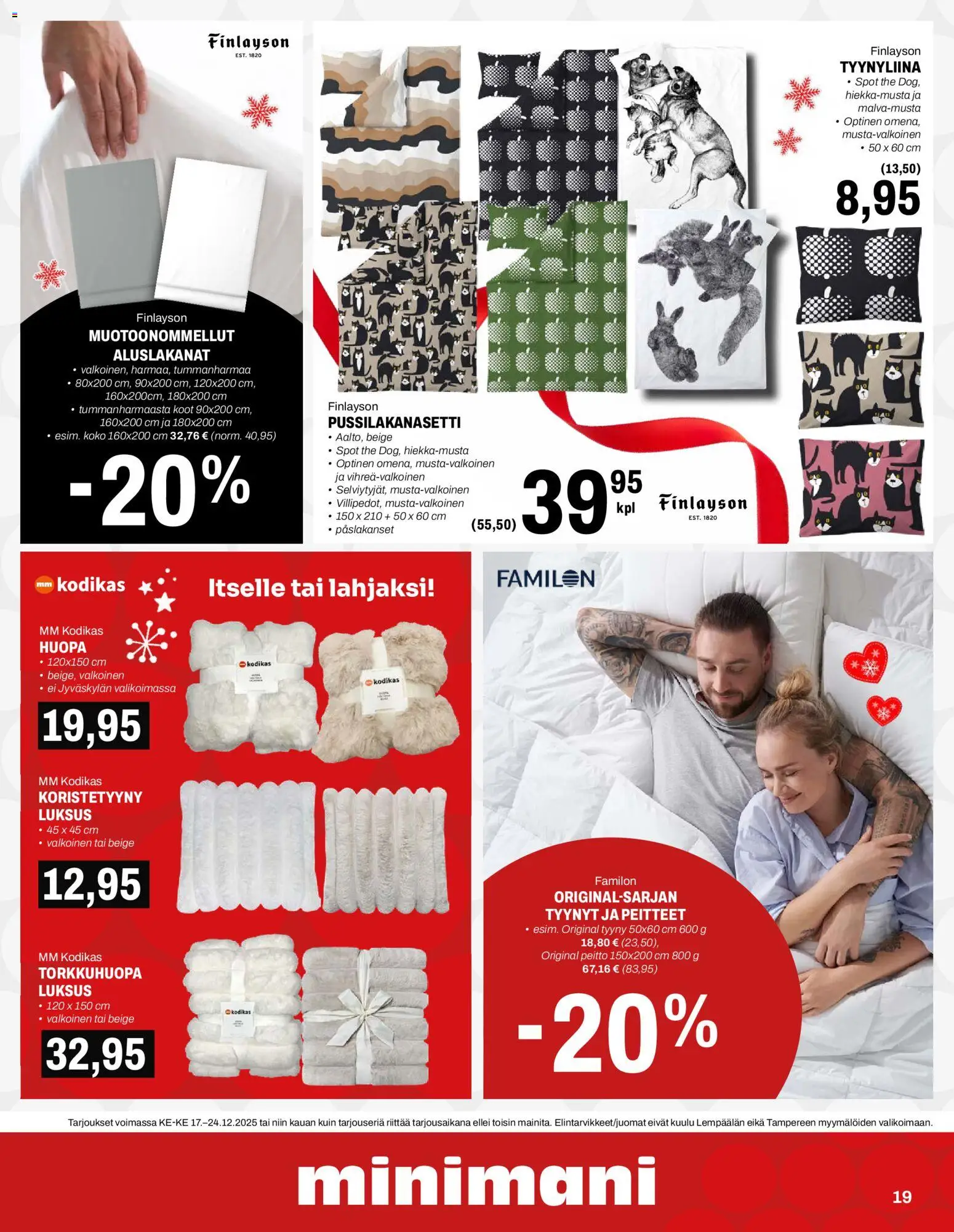 Minimani tarjoukset – voimassa 17.12.2025 alkaen | Sivu: 19 | Tuotteet: Pussilakanasetti, Tyynyt, Tyyny, Tyynyliina