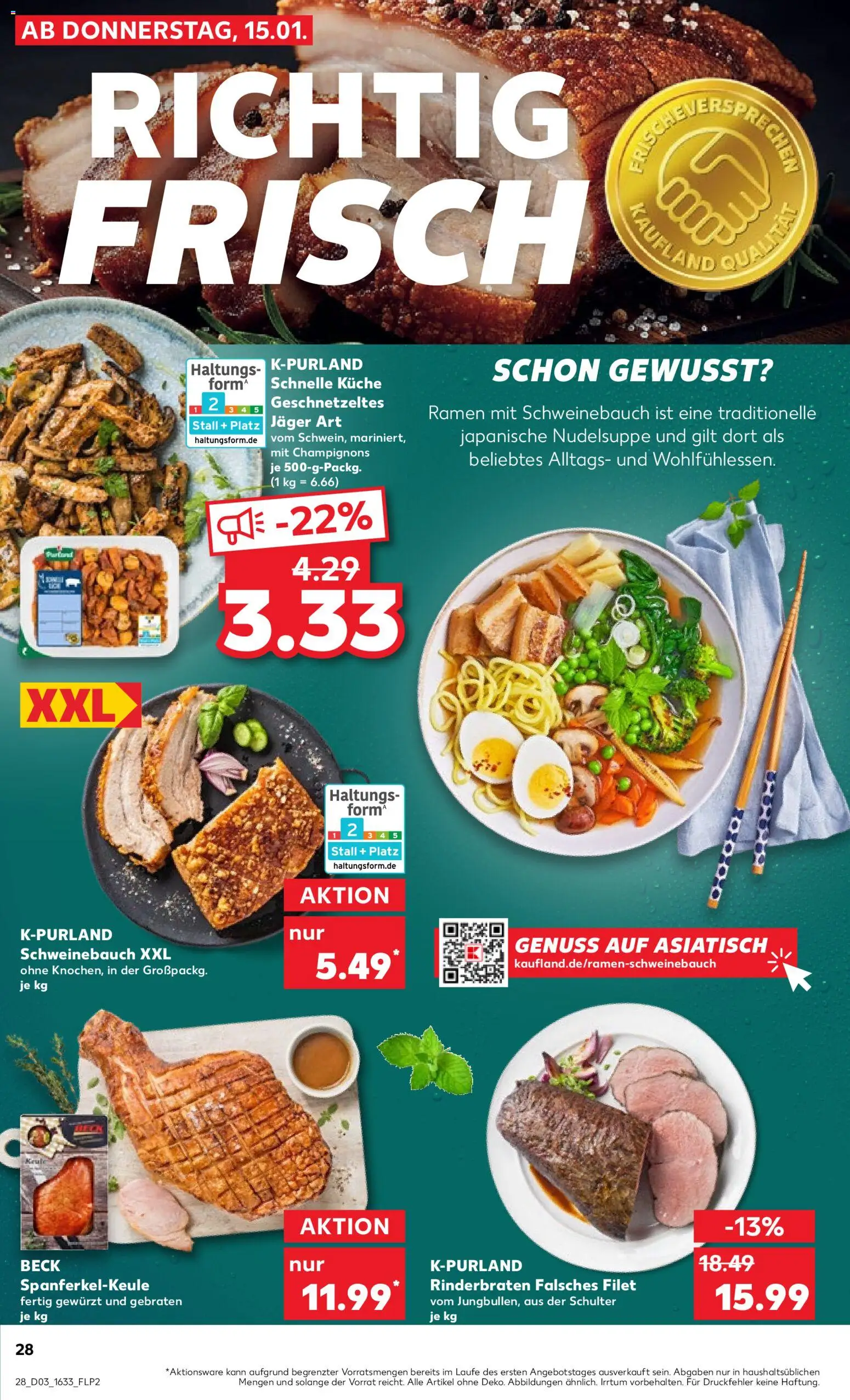 Kaufland prospekt Speyer	 – gültig ab 15.01.2026 | Seite: 28 | Produkte: Rinderbraten, Schweinebauch, Küche, Champignons