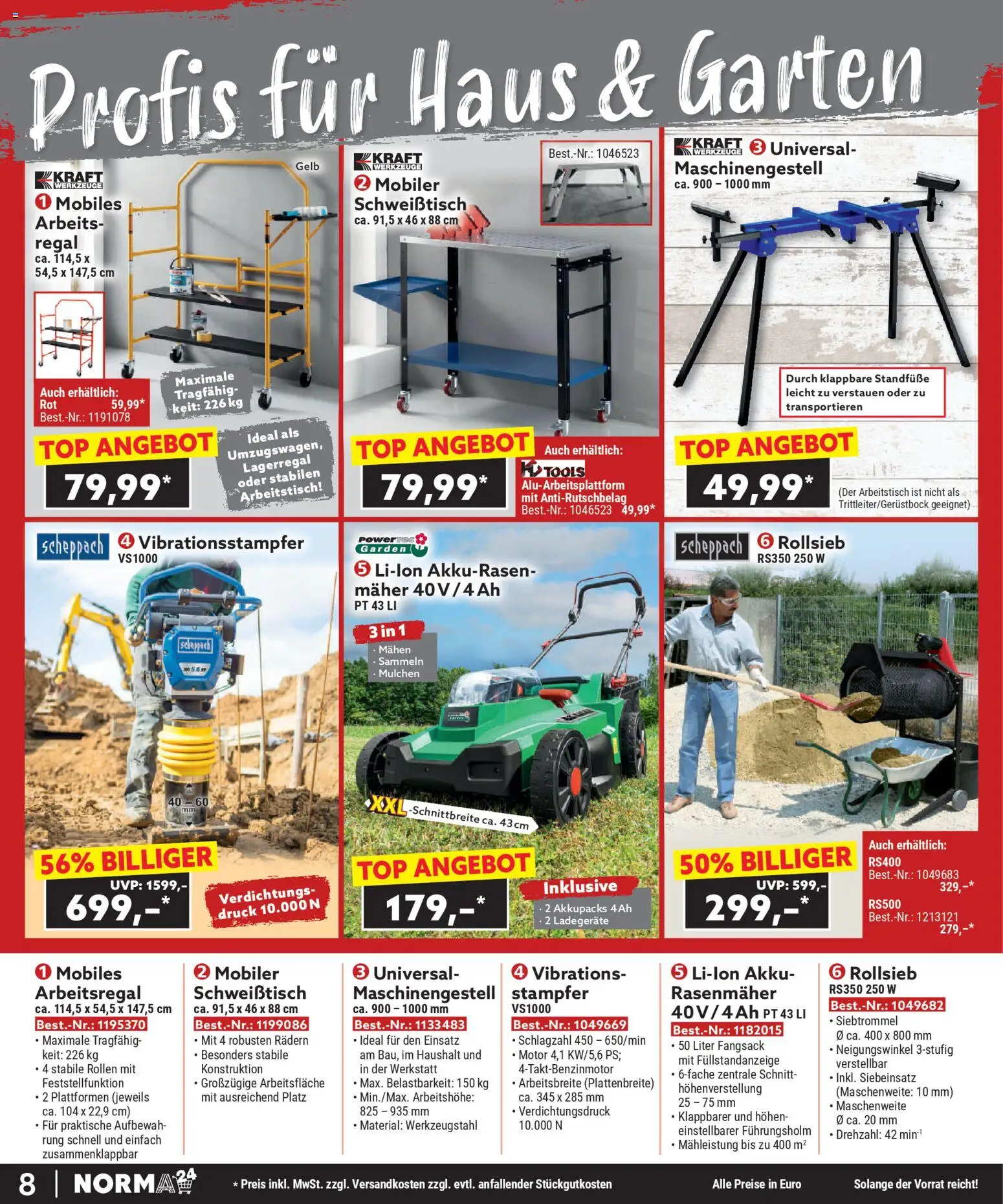 Norma Bestellmagazin  gültig ab 01.11.2025 | Seite: 8 | Produkte: Rasenmäher, Regal, Arbeitstisch