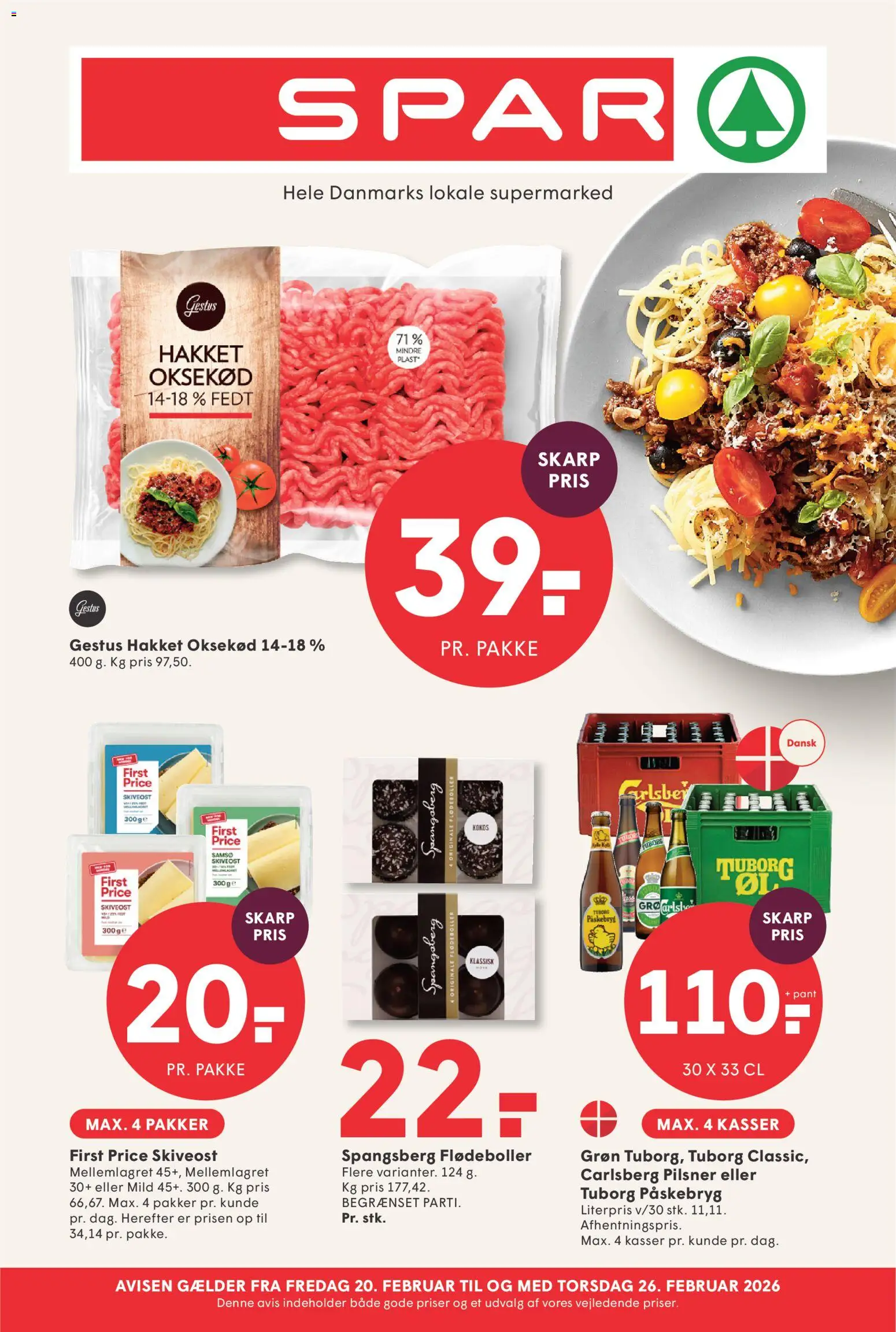 Spar tilbudsavis – gyldig fra 20.02.2026 | Side: 1 | Produkter: Oksekød, Flødeboller, Skiveost