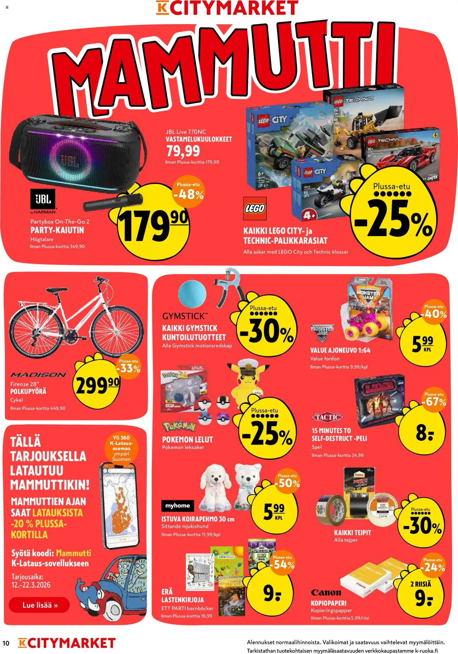 K-Citymarket tarjoukset – voimassa 19.03.2026 alkaen | Sivu: 10 | Tuotteet: Vastamelukuulokkeet, Polkupyörä, Peli
