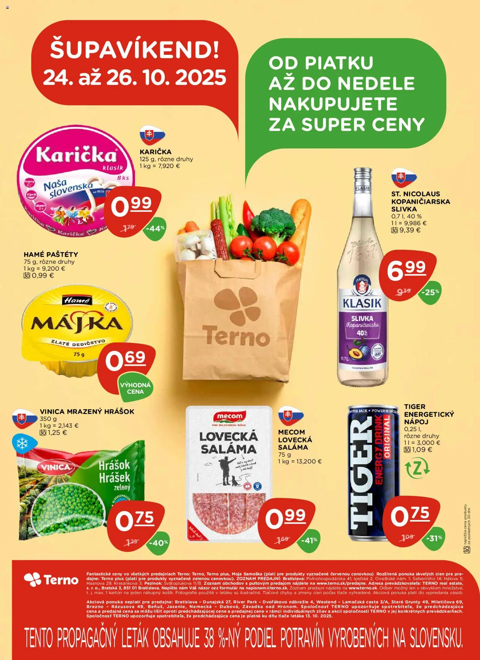 Nové Terno akcie – leták je platný od 23.10.2025 | Strana: 20 | Produkty: Saláma, Hrášok