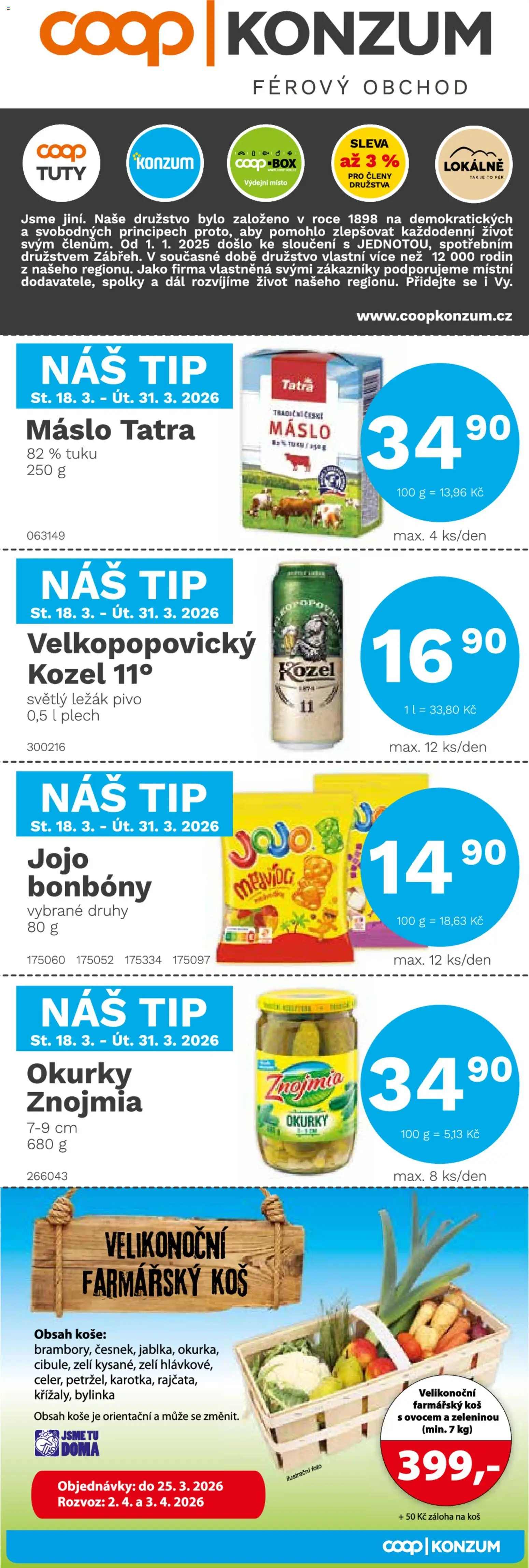 Konzum leták od 18.03.2026 | Strana: 1 | Produkty: JOJO bonbóny, Box, Pivo, Okurky