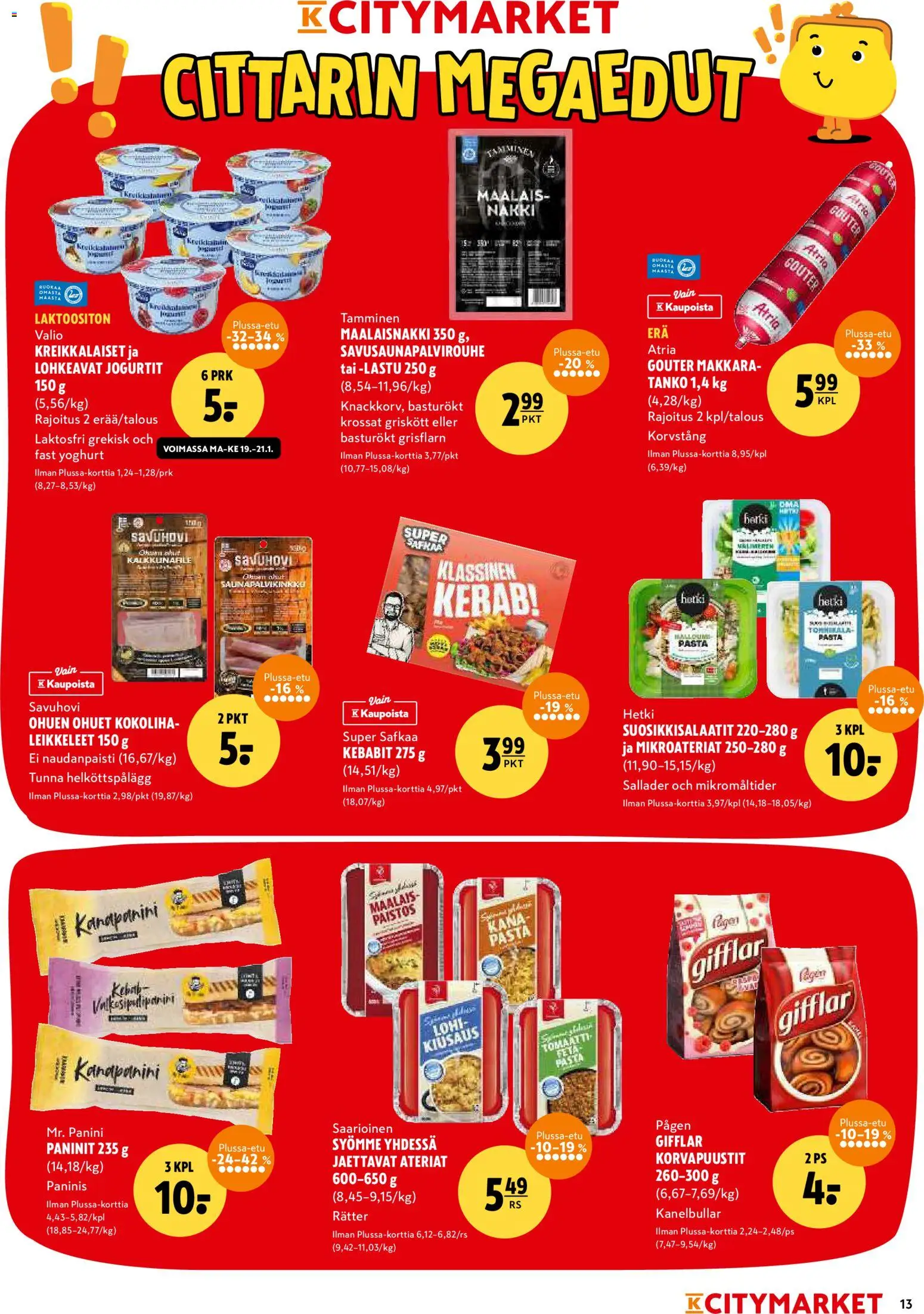 K-Citymarket tarjoukset – voimassa 19.01.2026 alkaen | Sivu: 13 | Tuotteet: Lohi, Makkara, Kana, Pasta