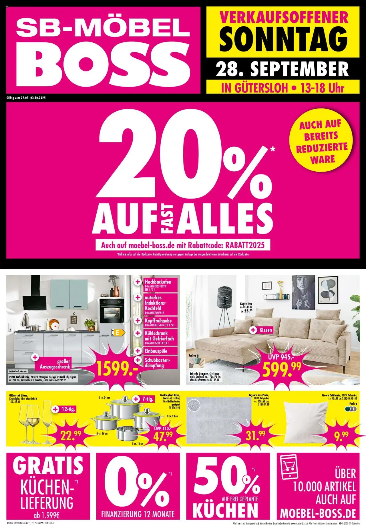 SB Möbel Boss Prospekt Gütersloh	 – gültig ab 29.09.2025 | Seite: 1 | Produkte: Kühlschrank, Kochfeld, Kuchen, Uhr
