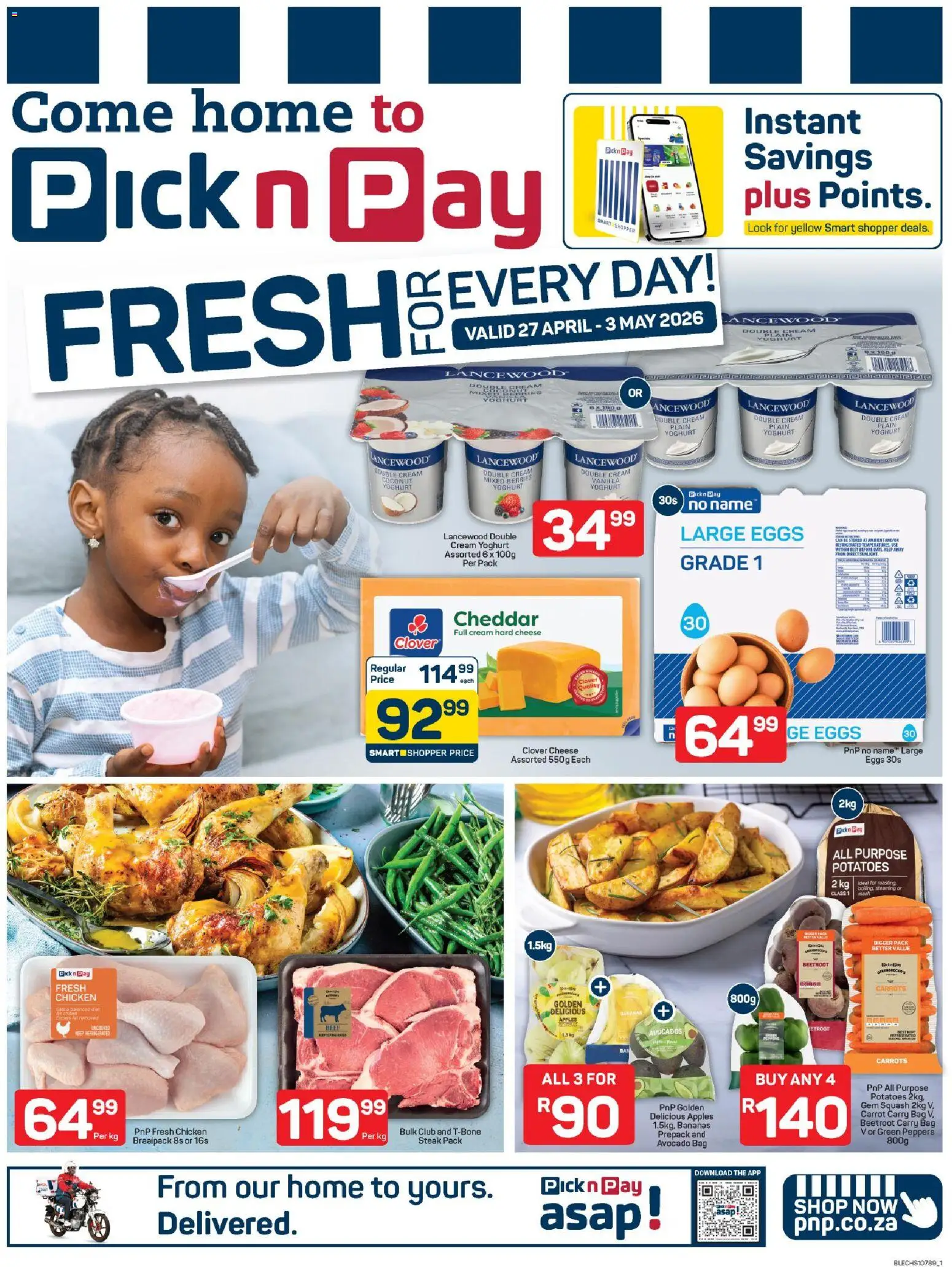 New Pick n Pay catalogue – valid from 27.04.2026 | Page: 1 | Products: Cheese, Apples, Bananas, Beef