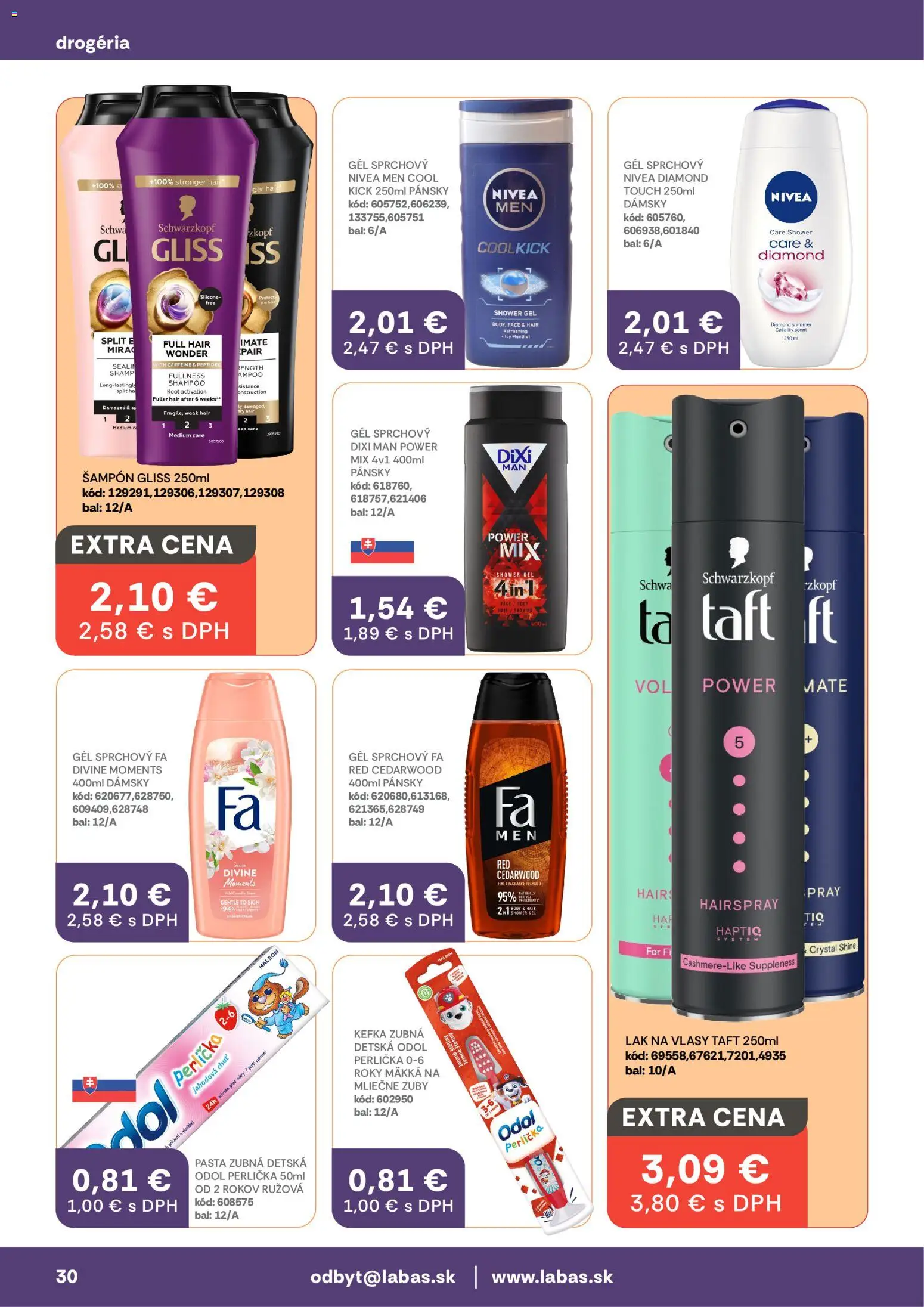 Nové Labaš akcie – leták je platný od 10.04.2026 | Strana: 30 | Produkty: Nivea, Šampón, Lak na vlasy, Sprchový gél