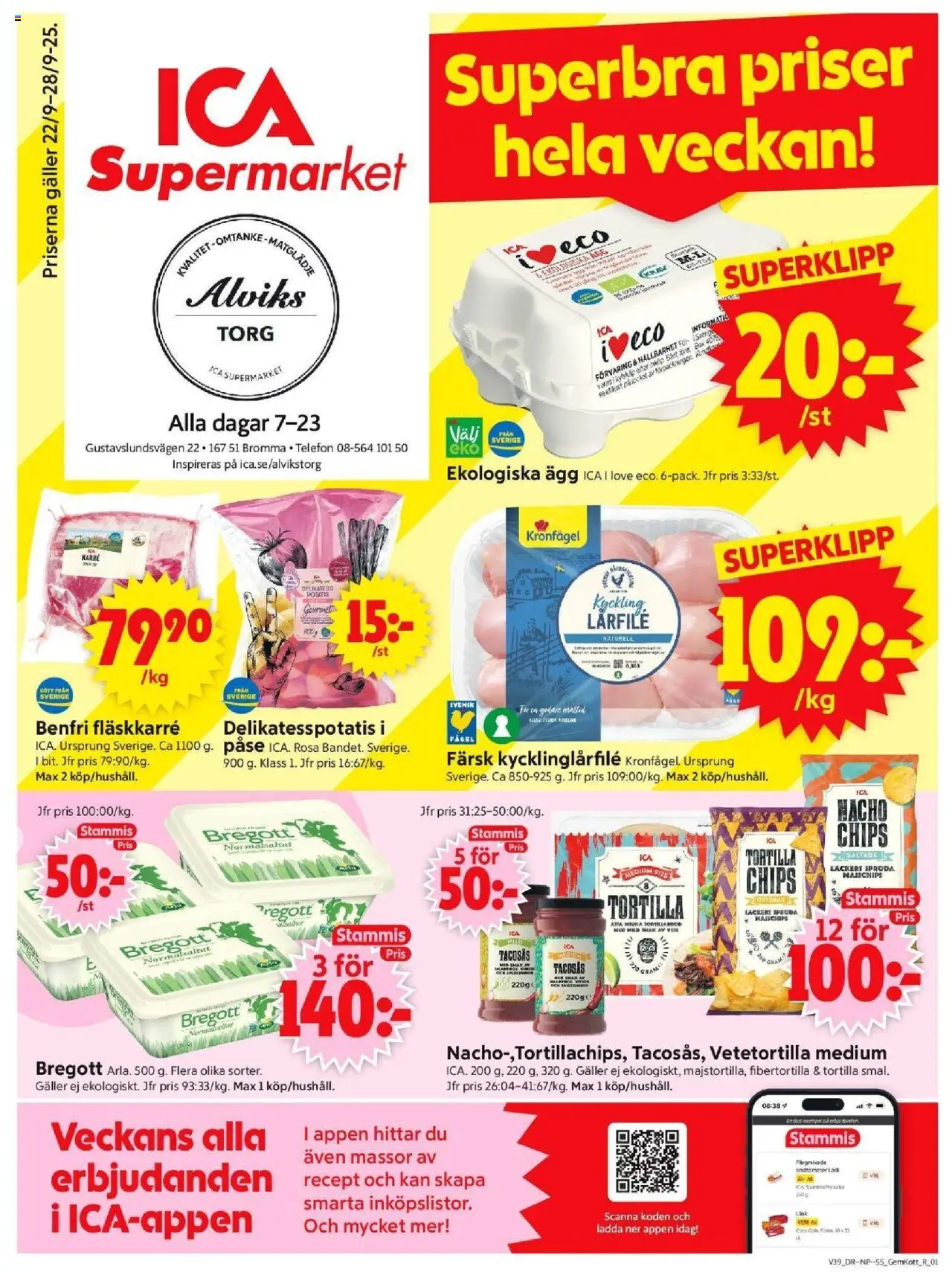 ICA Supermarket reklamblad aktuell från 22.09.2025 | Sida: 1 | Produkter: Ägg, Potatis, Telefon, Kylskåp