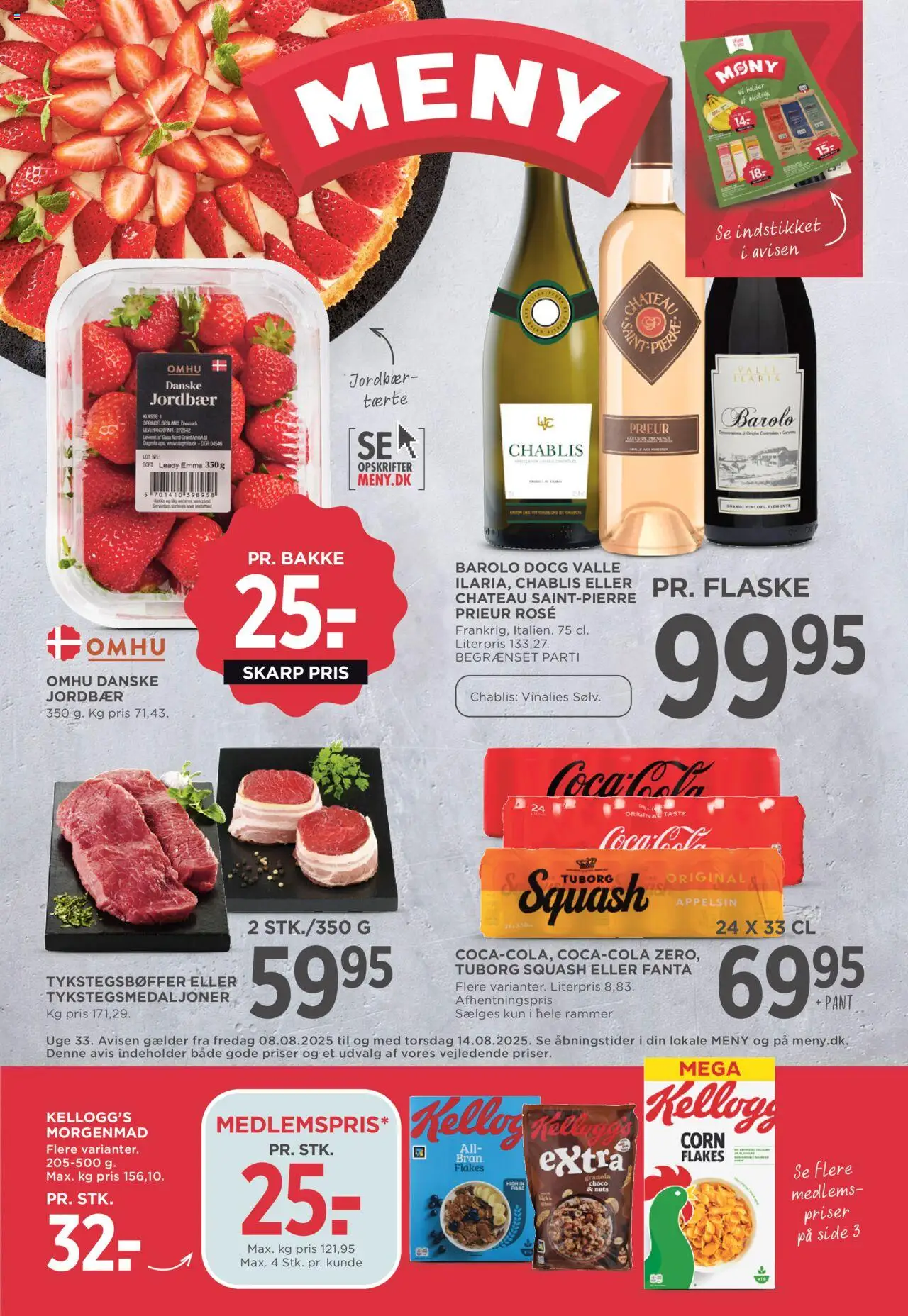 Meny Tilbudsavis gyldig fra 08.08.2025 | Side: 1 | Produkter: Rammer, Jordbær, Fanta, Tuborg Squash