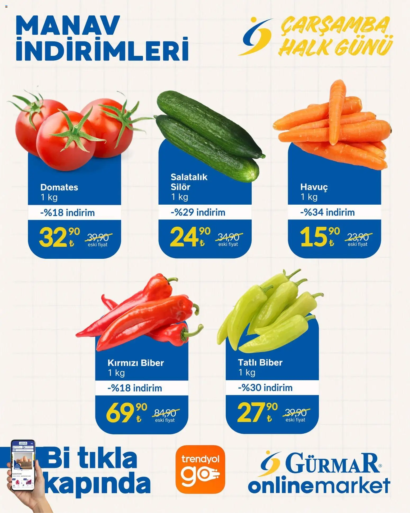 Gürmar - Manav İndirimleri - 19.11.2025 tarihinden itibaren geçerlidir | Sayfa: 1 | Ürünler: Domates, Salatalık, Biber, Kırmızı biber