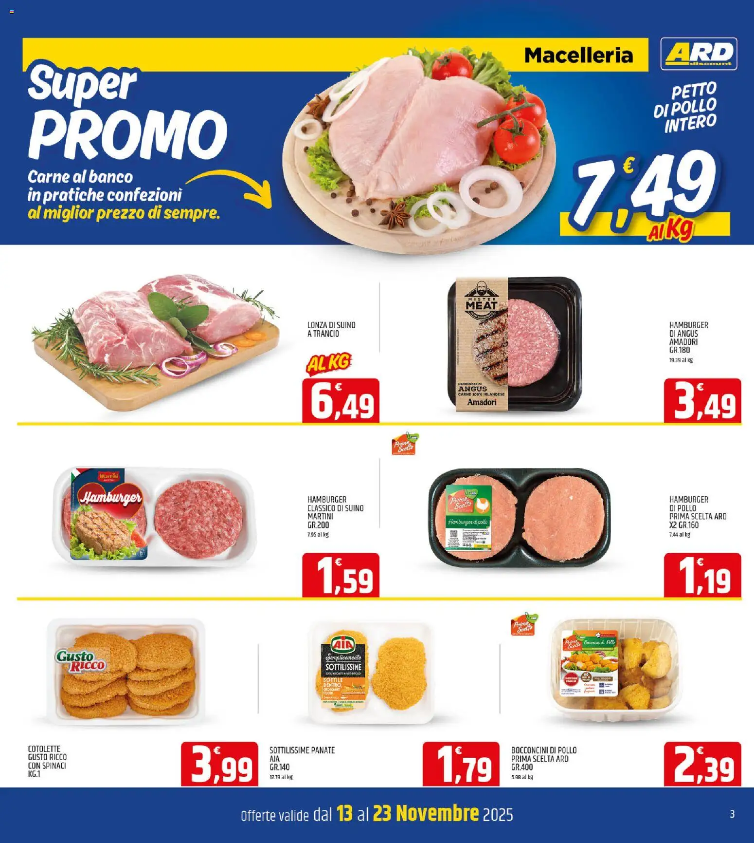 Volantino ARD Discount del 05.11.2025 | Pagina: 3 | Prodotti: Pollo, Suino, Spinaci, Hamburger