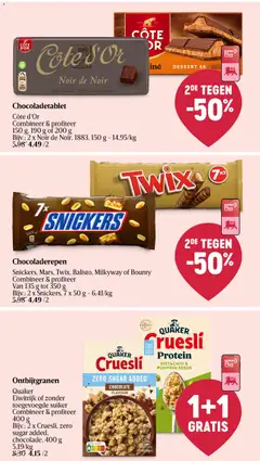 Ontbijtgranen Quaker, Eiwitrijk of zonder toegevoegde suiker Combineer & profiteer 400 g Bijv.: 2 x Cruesli, zero sugar added, chocolade, 400 g - Voorbeeld van een folder van Delhaize, geldig van 12.03.2026 | Pagina: 34 | Producten: Twix, Snickers, Rooibos tea, Chocolade
