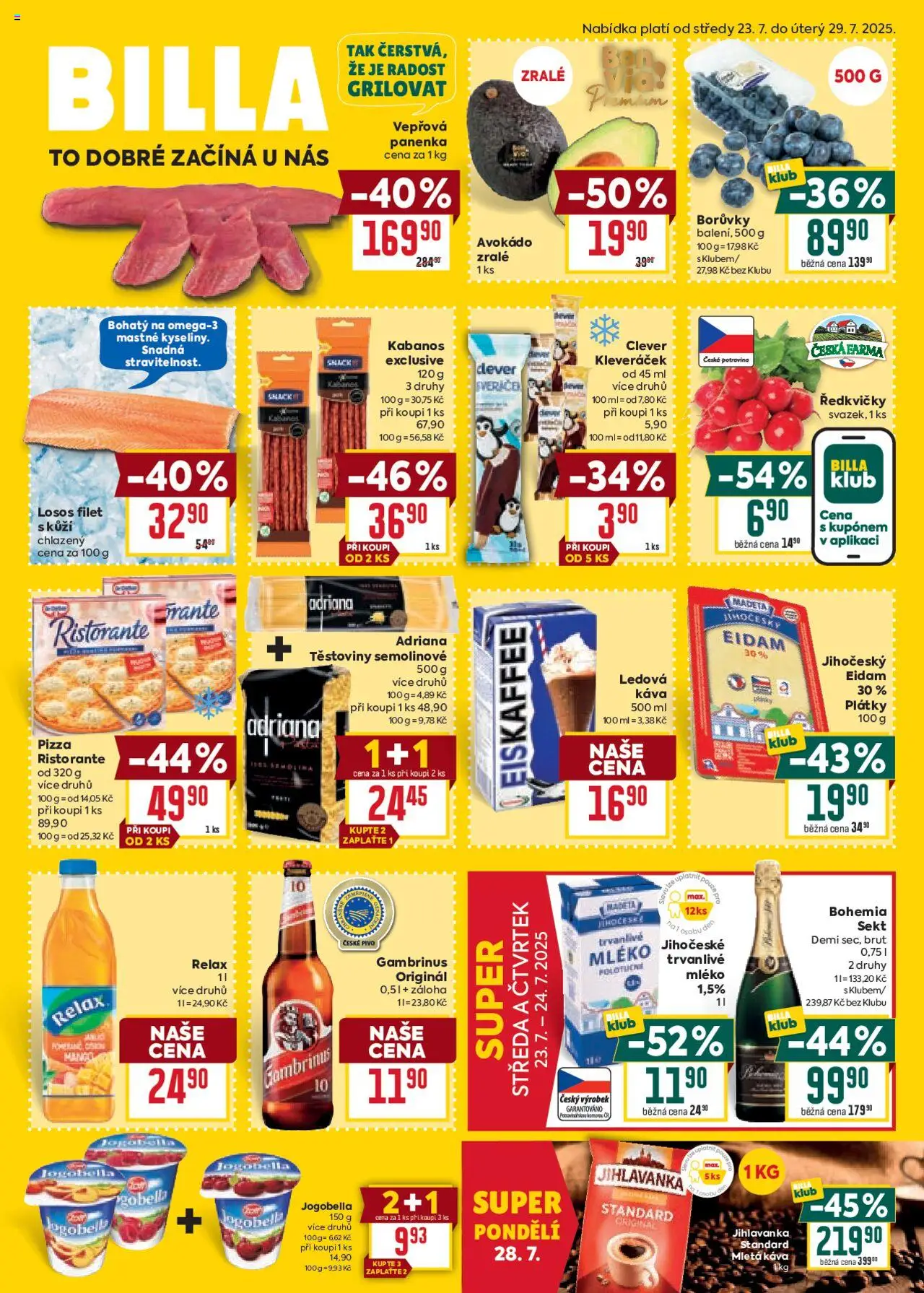 Billa Malý leták od 23.07.2025 | Strana: 1 | Produkty: Losos Filet, Eiskaffee, Avokádo, Jogobella