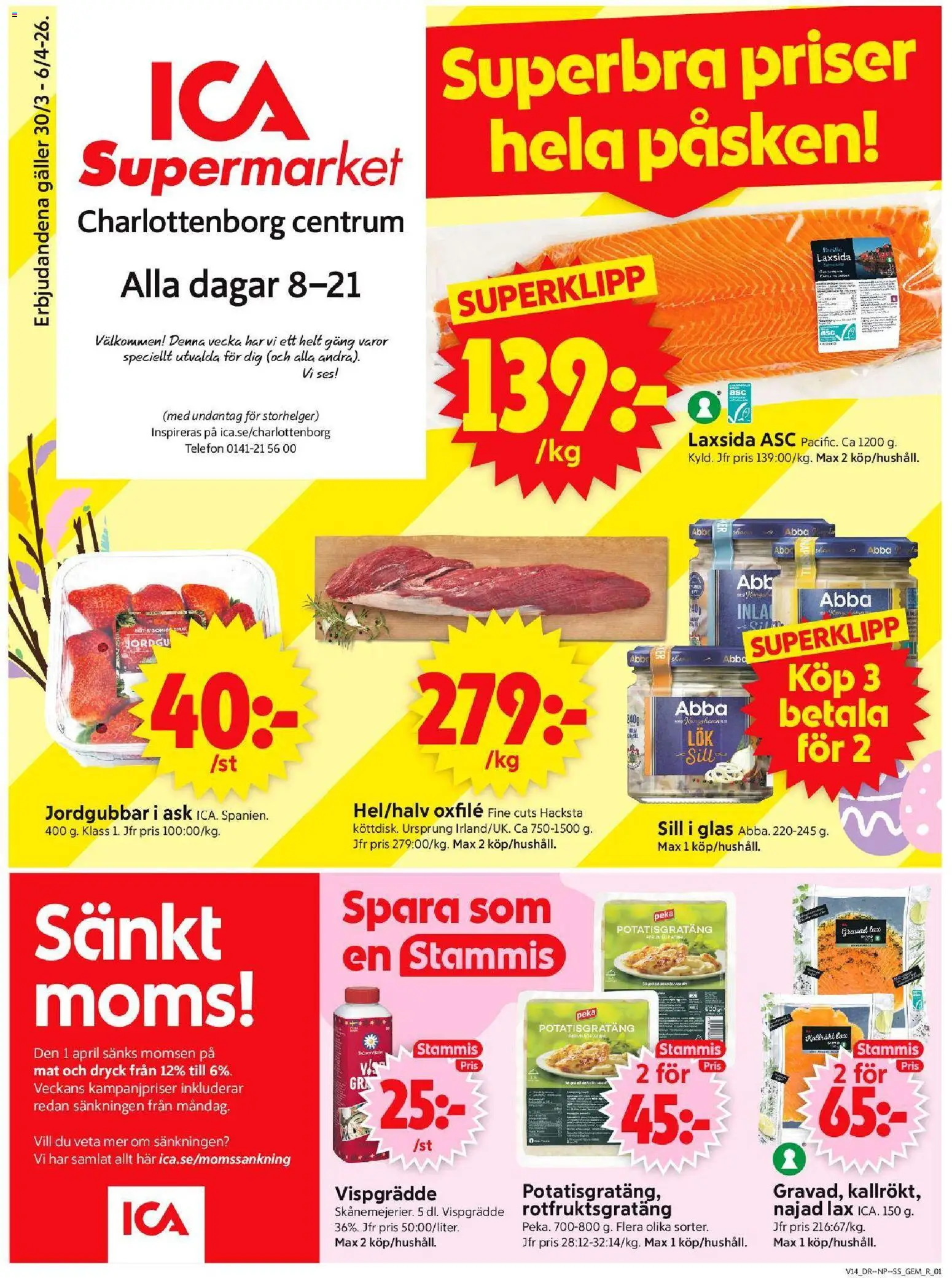 ICA Supermarket reklamblad aktuell från 30.03.2026 | Sida: 1 | Produkter: Gem, Galler, Jordgubbar, Vispgrädde
