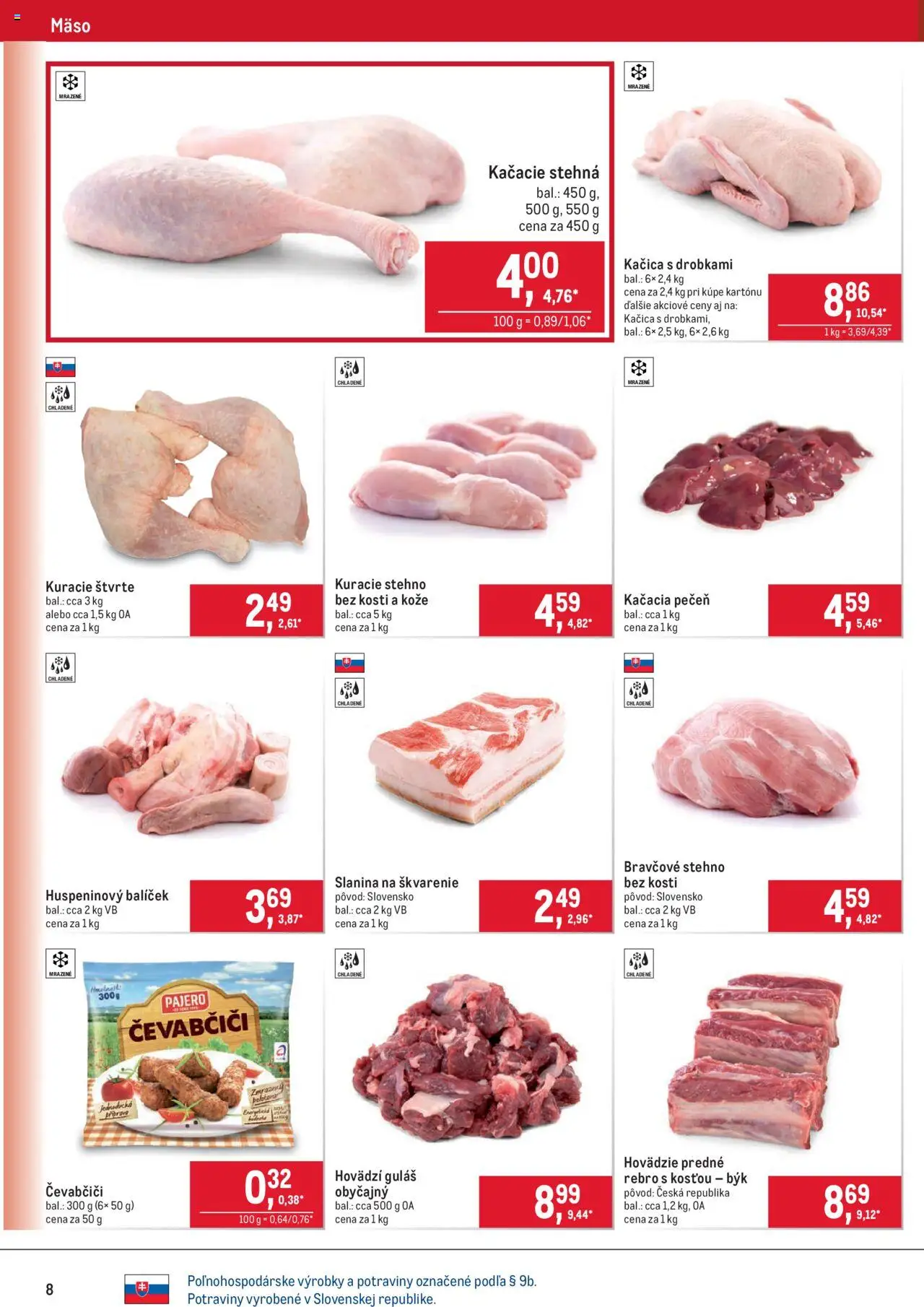 Nové Metro akcie – leták je platný od 08.10.2025 | Strana: 8 | Produkty: Slanina, Kačacie stehná, Bravčové stehno, Kačica