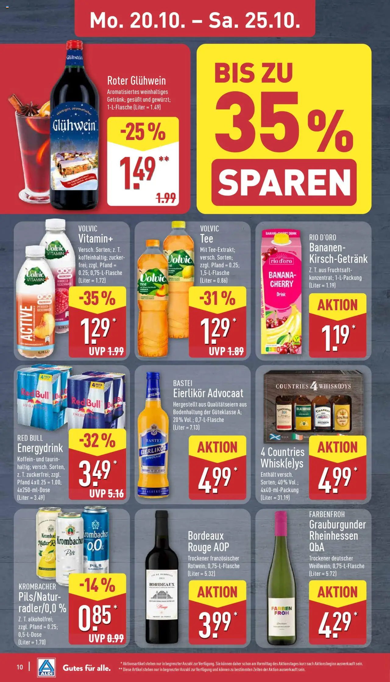 Aldi Prospekt 	 – gültig ab 20.10.2025 | Seite: 10 | Produkte: Red bull, Pils, Bananen, Fruchtsaft