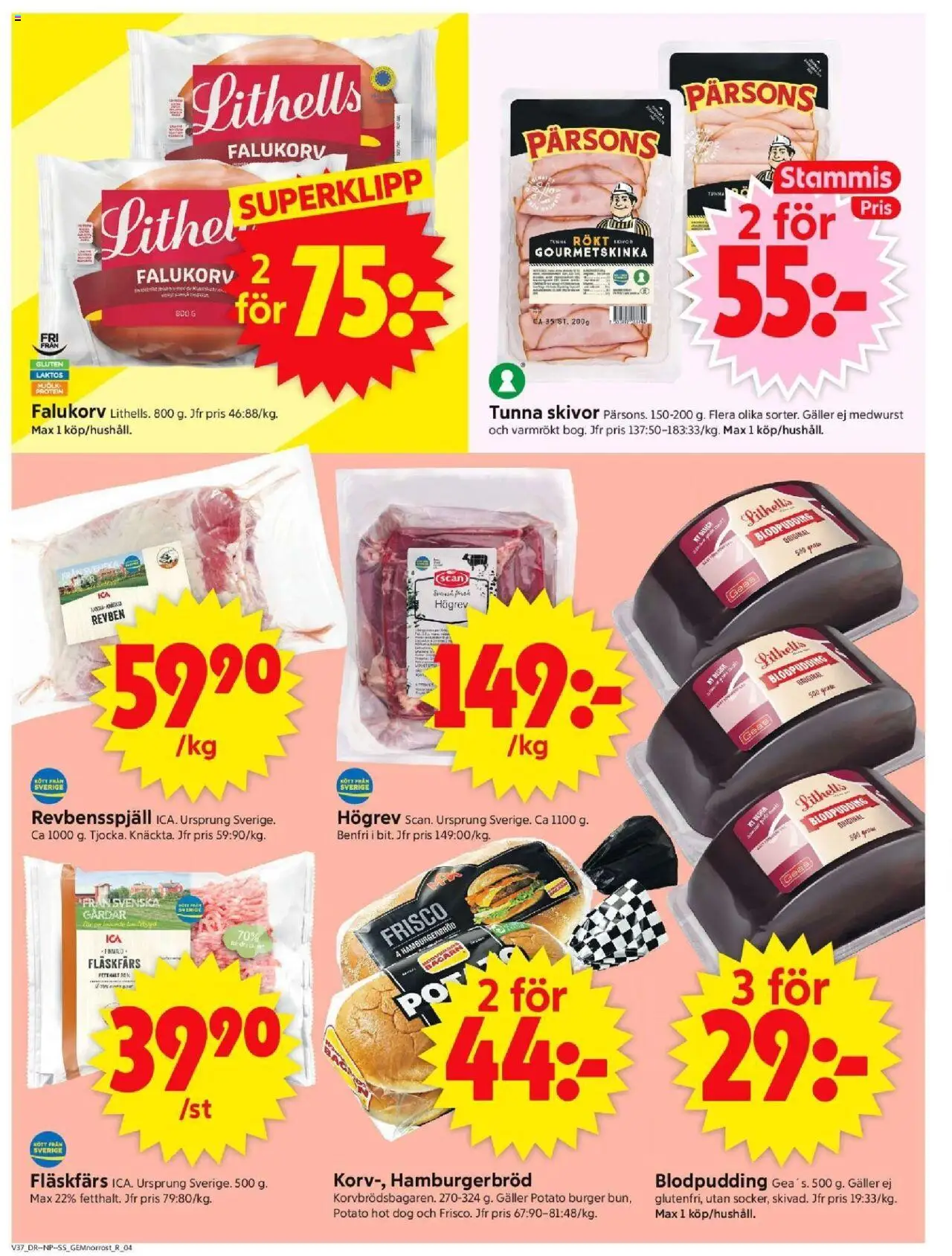 ICA Supermarket reklamblad aktuell från 08.09.2025 | Sida: 4 | Produkter: Revbensspjäll, Galler, Falukorv, Hamburgerbröd