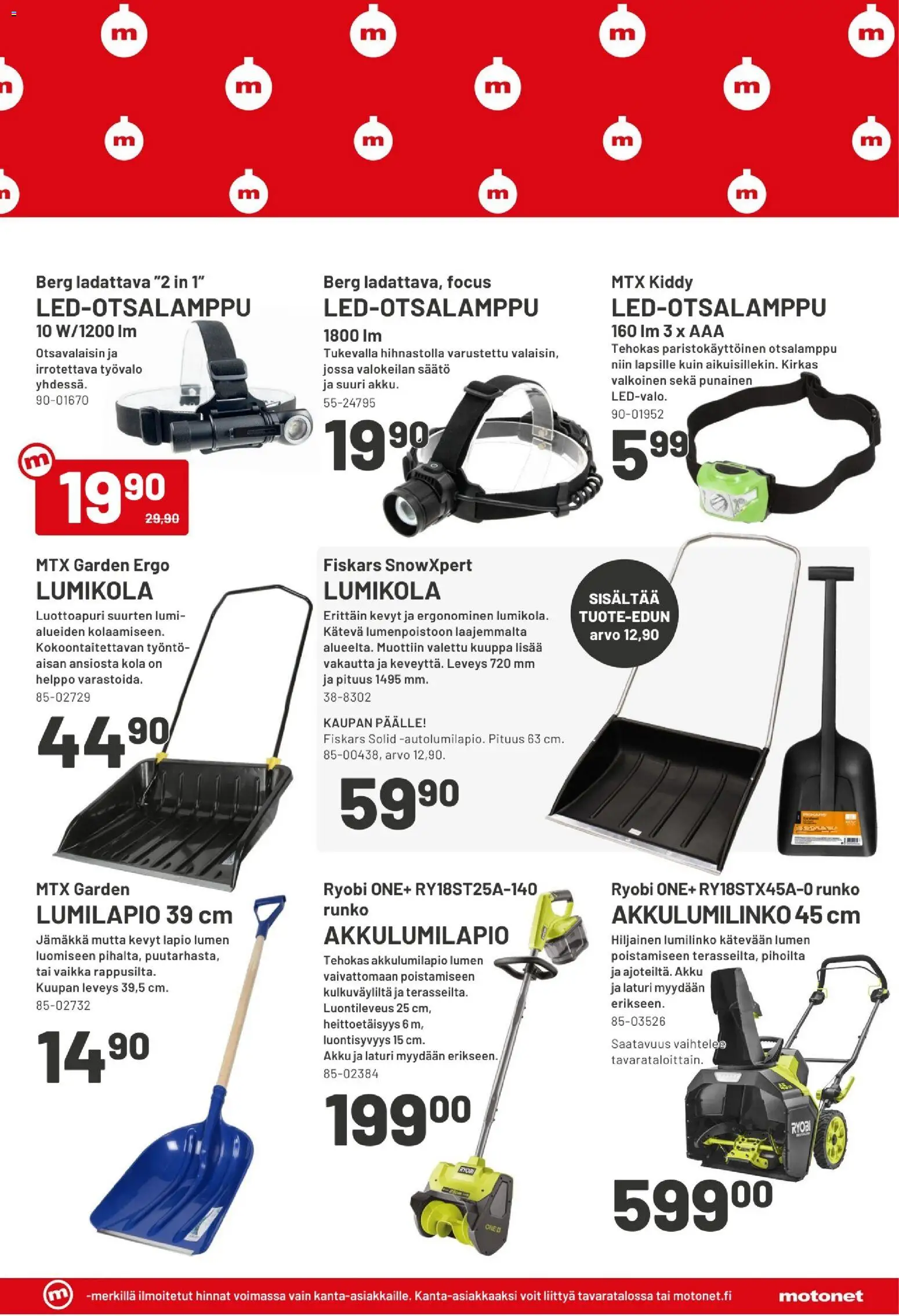 Motonet tarjoukset – voimassa 03.12.2025 alkaen | Sivu: 11 | Tuotteet: Lumilinko, Akku, Lapio, Laturi