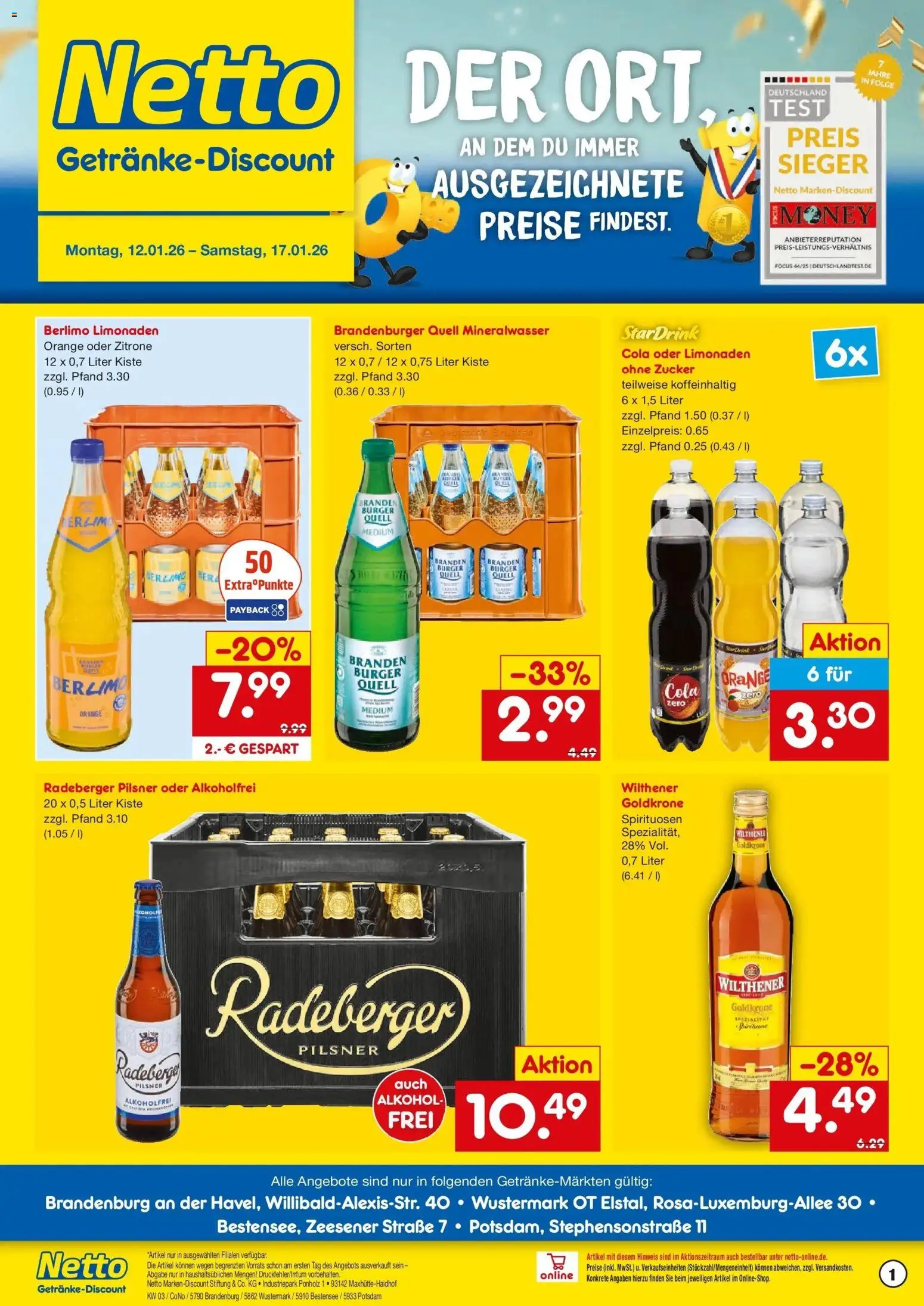 Netto Marken-Discount prospekt Wustermark-Elstal	 – gültig ab 12.01.2026 | Seite: 1 | Produkte: Cola, Burger, Mineralwasser, Zitrone