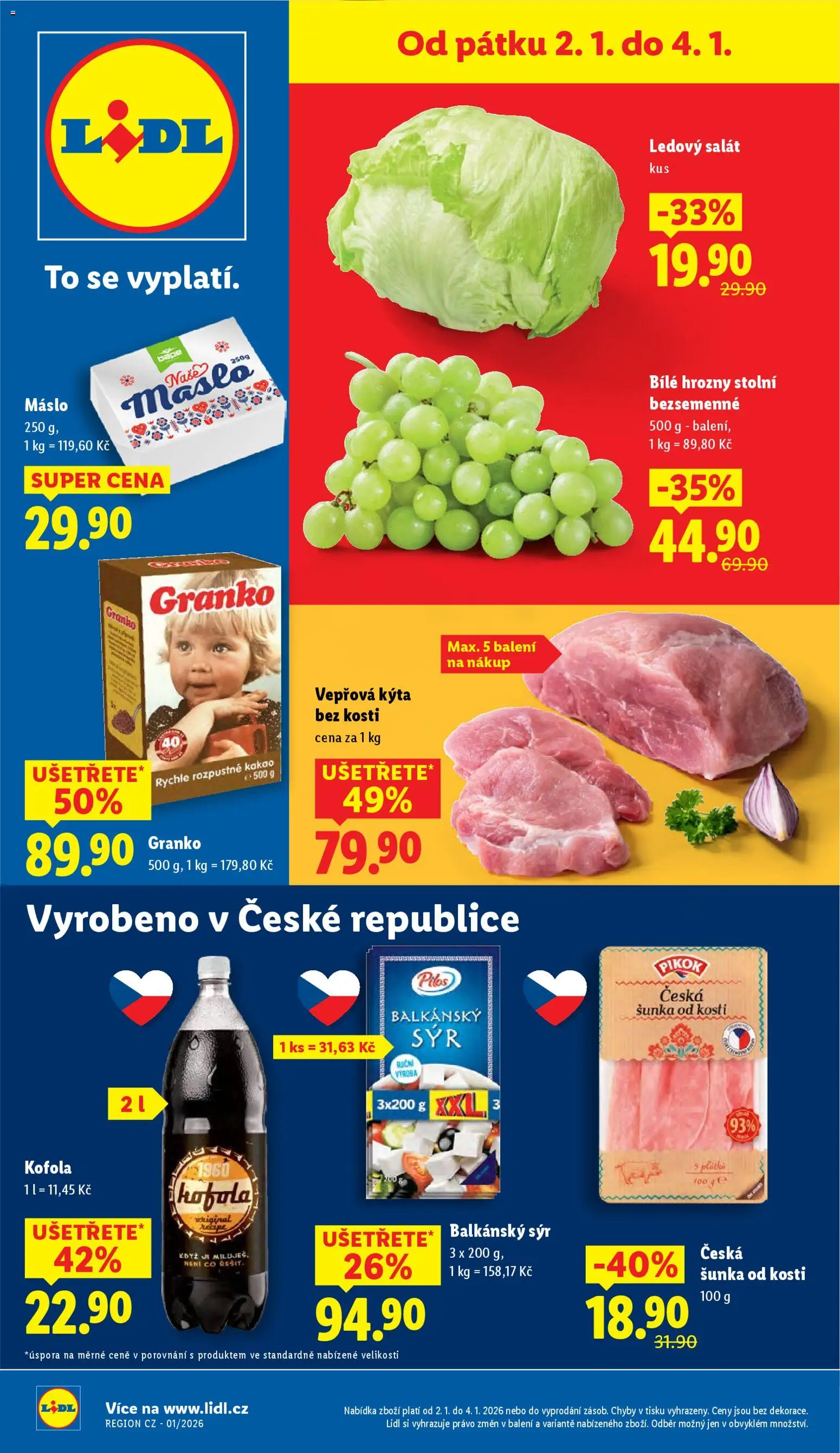 Lidl leták od 02.01.2026 | Strana: 1 | Produkty: Máslo, Granko, Kofola, Kakao